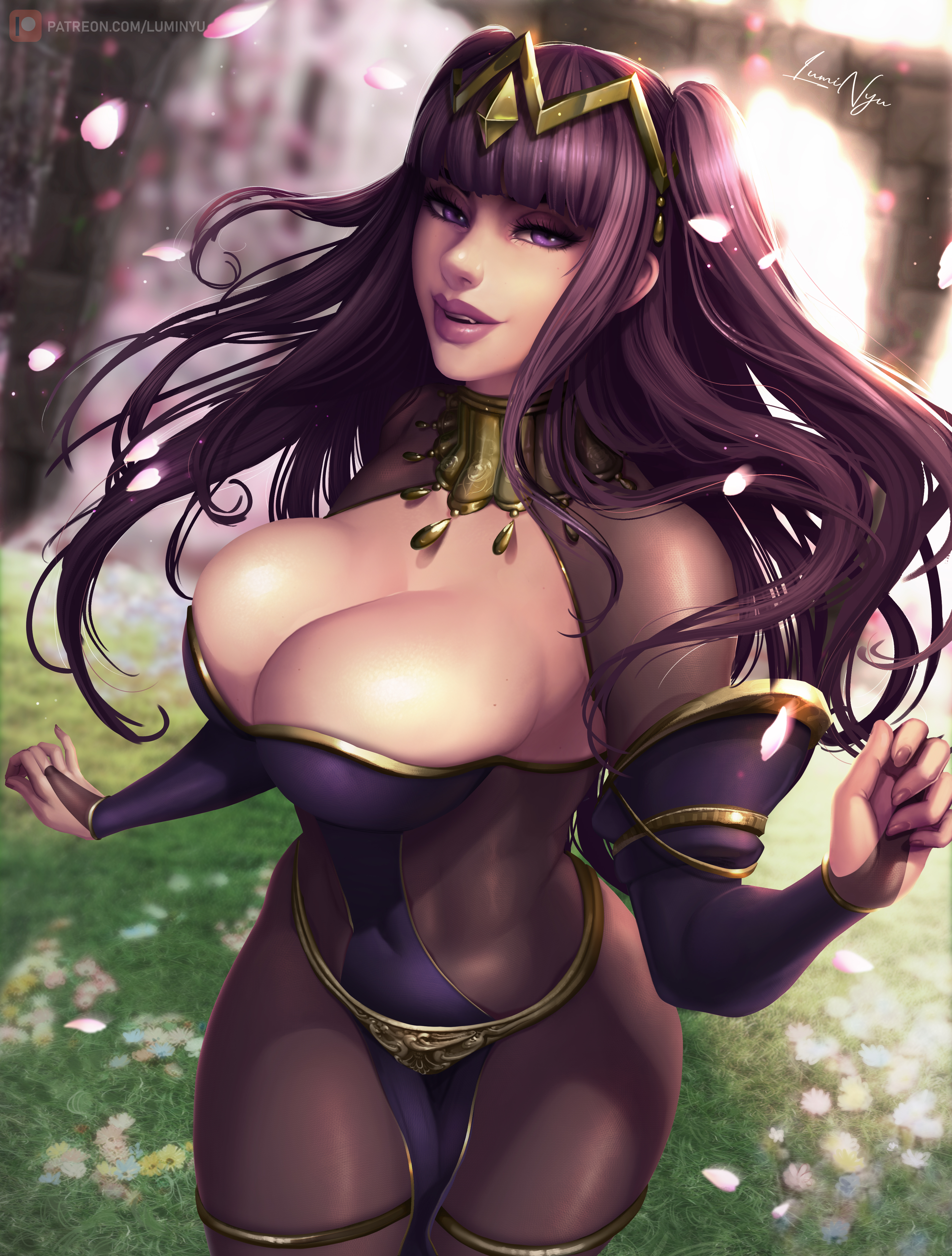 1girls, 2019, big breasts, blunt bangs, bodystocking, bodysuit, breasts, bridal gauntlets, cleavage, curvaceous, eyeshadow, female, female focus, female only, fire emblem, fire emblem awakening, fire emblem heroes, gold, goth, hair, hair ornament, large breasts, long hair, luminyu, makeup, necklace, purple eyes, purple hair, sheer, sheer clothing, smile, solo, solo female, solo focus, tharja (fire emblem), thick thighs, thighs, very long hair, voluptuous, wedding dress