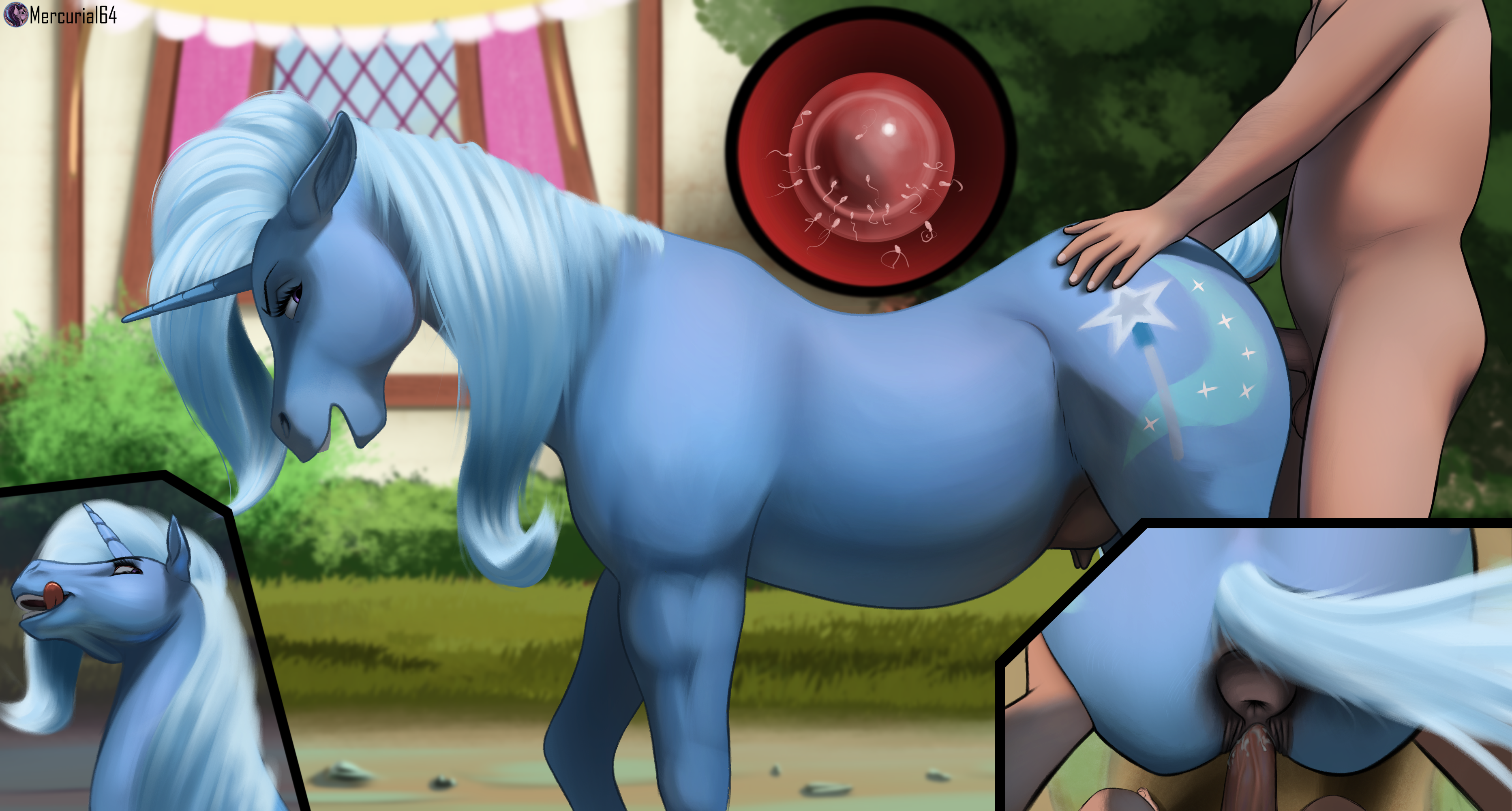 1boy, 1girls, 2020, 5 fingers, absurd res, anus, balls, breasts, conditional dnp, crotchboobs, cutie mark, detailed background, duo, equid, equine, faceless male, female, female focus, feral, feral penetrated, fingers, friendship is magic, genitals, hi res, horn, human, human on feral, human penetrating, human penetrating feral, impregnation, interspecies, licking, licking lips, licking own lips, male, male human/female feral, male on feral, mammal, mercurial64, my little pony, mythological creature, mythological equine, mythology, non-human areolae, nude, outside, ovum, penetration, penis, puffy anus, self lick, side view, solo focus, sperm cell, straight, tail, teeth, tongue, tongue out, trixie (mlp), unicorn, wide hips, zoophilia