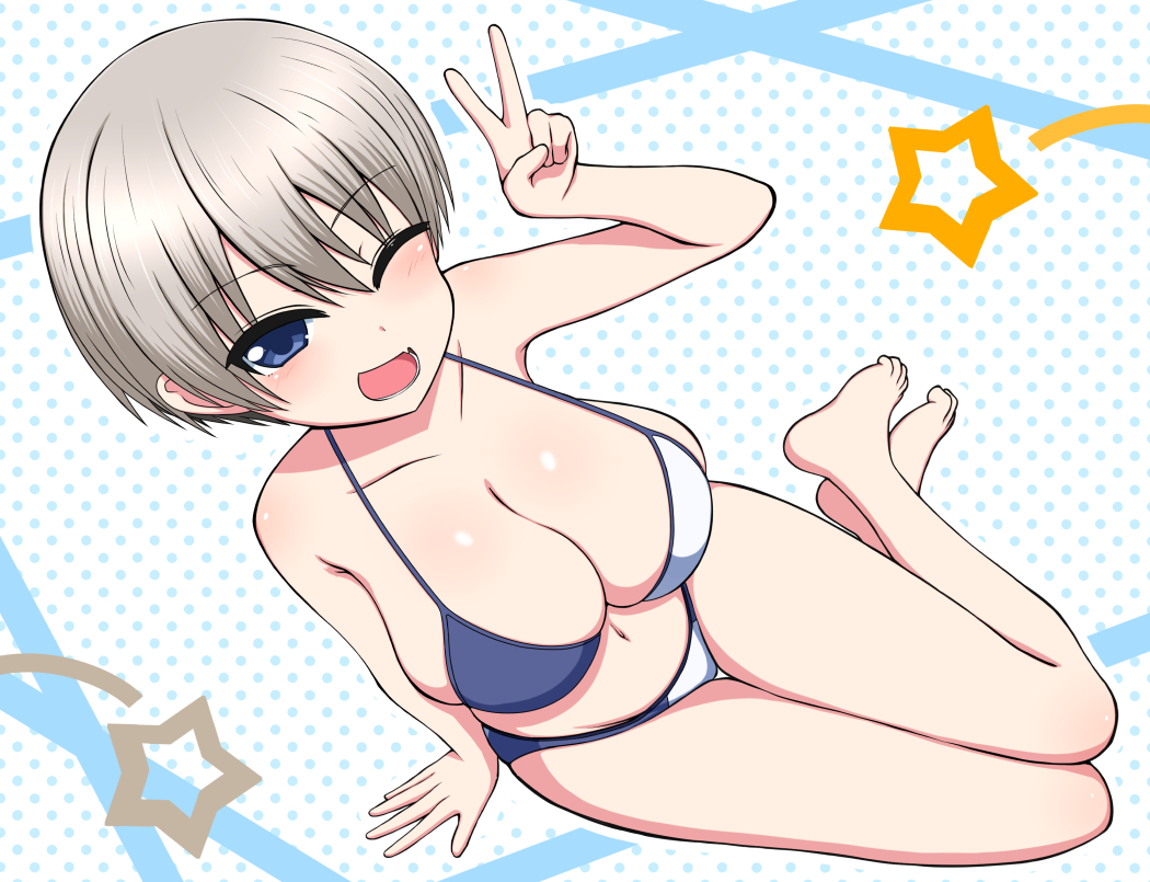 1girls, above view, barefoot, big breasts, bikini, blue bikini, blue eyes, blush, breasts, cute, cute fang, eyebrows visible through hair, eyelashes, female, female only, fringe, grey hair, huge breasts, large breasts, light skin, looking at viewer, open mouth, pale skin, schoolgirl, short hair, silver hair, smile, solo, teenager, thong, two-tone hair, uzaki hana, uzaki-chan wa asobitai!, v sign, white bikini, wink