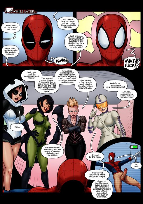 1boy 4girls ana_kravinoff balls black_hair blonde_hair bondage camera camera_view civil_whore comic dialogue elaine_coll erection female grim_huntress hourglass_figure human human_only imminent_rape light-skinned_female light-skinned_male light_skin male marvel marvel_comics no_pants panda-mania partially_clothed penis peter_parker recording reverse_rape scorpia_(marvel) screwball_(marvel) sketchlanza speech_bubble spider-man spider-man_(series) straight straight_hair superhero supervillainess testicles tracyscops villain visor voluptuous