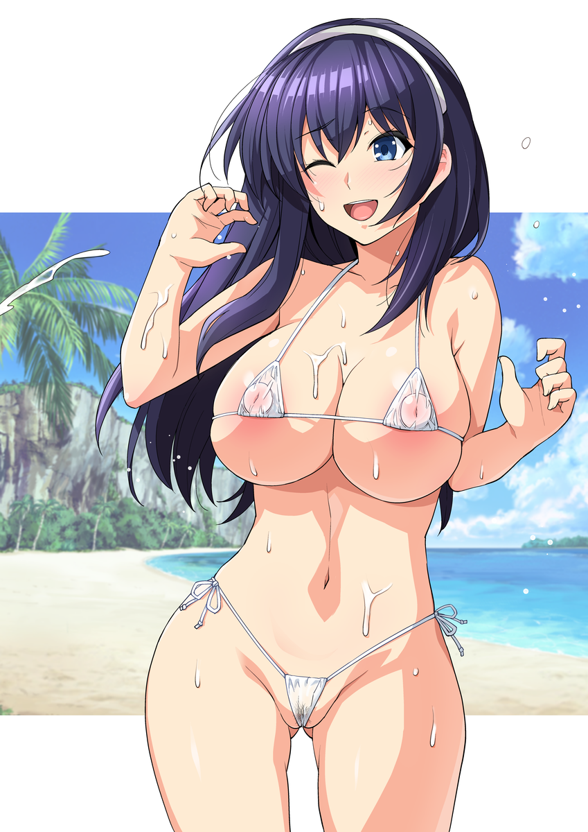 ;d, ane wa oyaji ni dakareteru, areola slip, areolae, ass visible through thighs, bangs, beach, bikini, bird, blue eyes, blue sky, blush, breasts, cleavage, cloud, eyebrows visible through hair, female, hairband, haruhisky, highres, long hair, micro bikini, navel, nipples, one eye closed, open mouth, original, palm tree, pubic hair, purple hair, see-through, side-tie bikini, sky, smile, solo, swimsuit, teeth, tree
