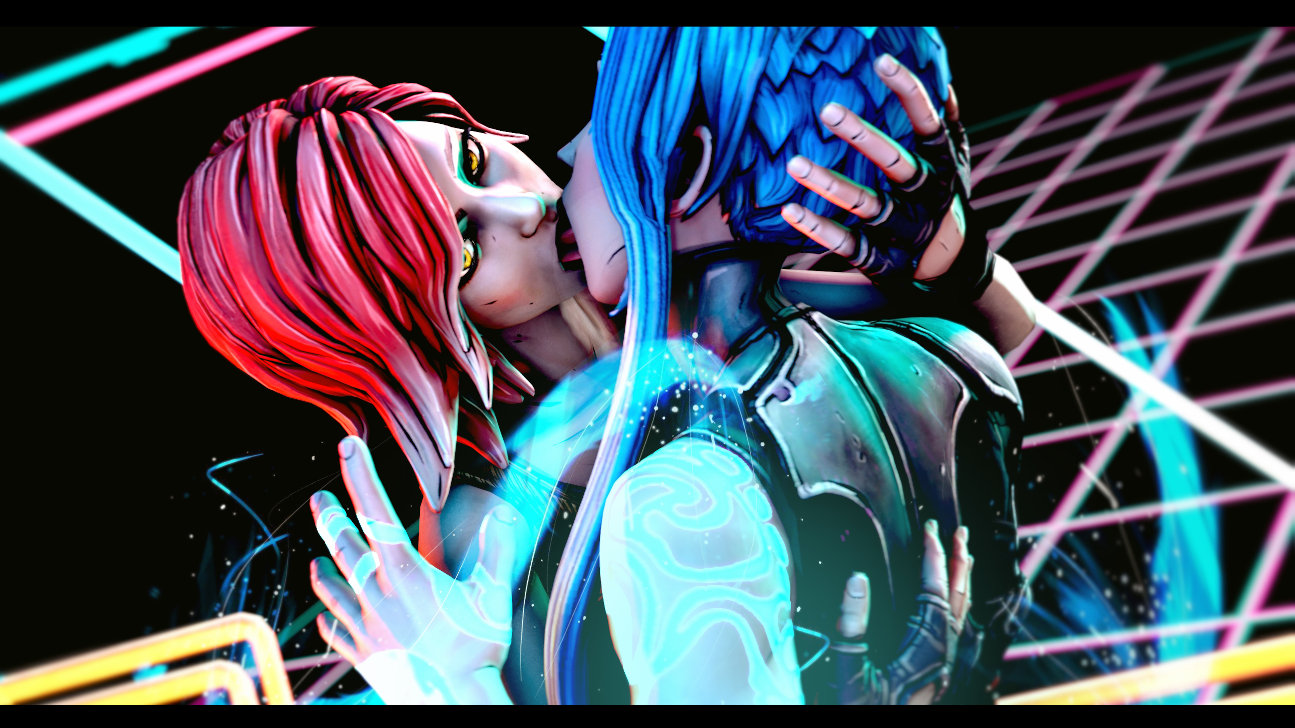 2girls, 3d, blue hair, body markings, borderlands, borderlands 3, cheopsfm, female, female only, glowing markings, glowing tattoo, holding head, kissing, lilith (borderlands), looking at viewer, maya (borderlands), phase powers, red hair, redhead, siren (borderlands), siren markings, source filmmaker, standing, tattoo, tongue, tongue kiss, yellow eyes, yuri