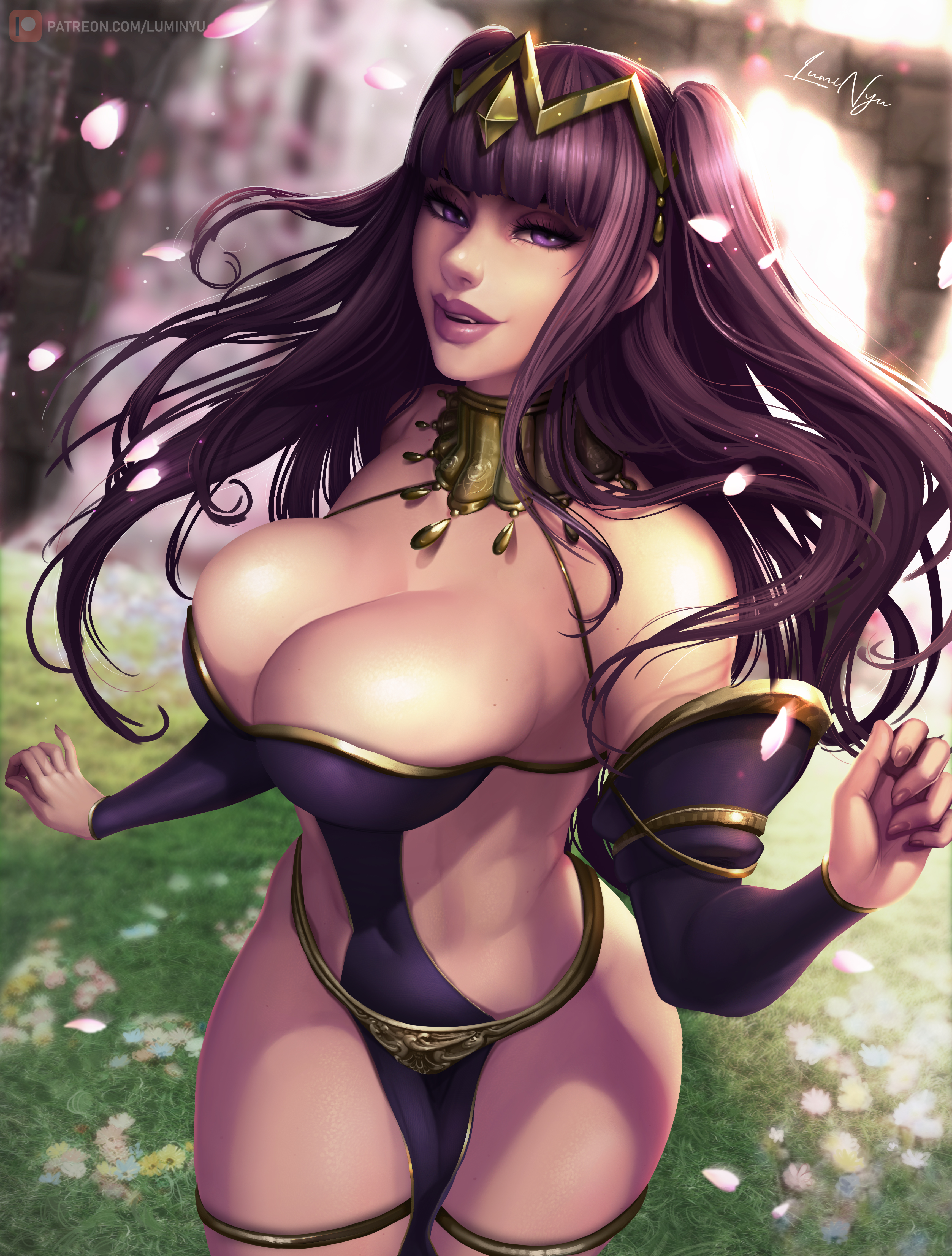 1girls, 2019, bare shoulders, big breasts, bodysuit, breasts, cleavage, curvaceous, eyeshadow, female, female focus, female only, fire emblem, fire emblem awakening, fire emblem heroes, gold, goth, hair, hair ornament, large breasts, long hair, luminyu, makeup, navel, necklace, pinup, purple eyes, purple hair, sheer, sheer clothing, smile, solo, solo female, solo focus, tharja (fire emblem), thick thighs, thighs, very long hair, voluptuous, wedding dress