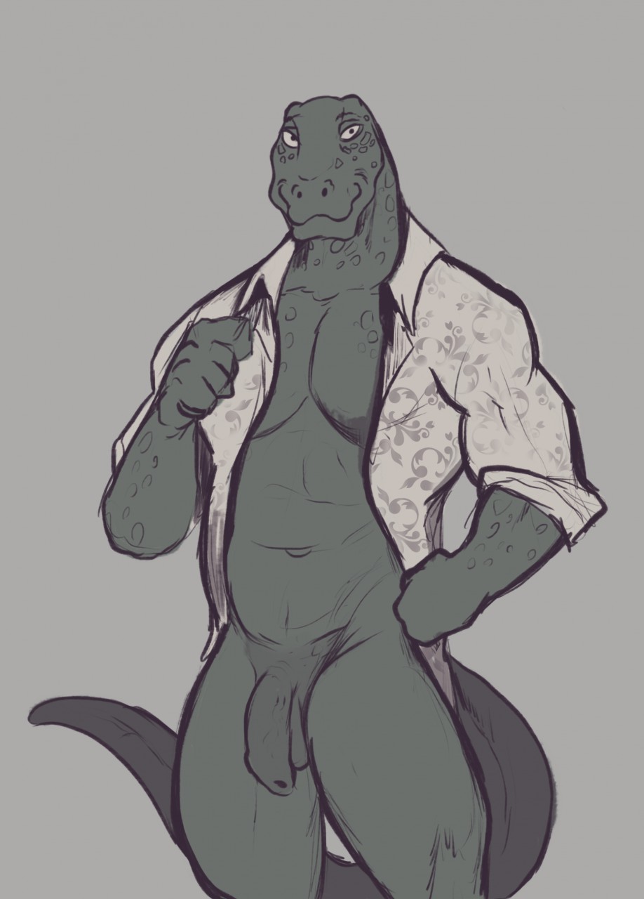 anthro balls beastars burrserk flaccid genitals gosha_(beastars) green_balls green_penis hi_res humanoid_penis komodo_dragon lizard male male_only mature_male monitor_lizard muscular muscular_male penis reptile scalie smile uncut