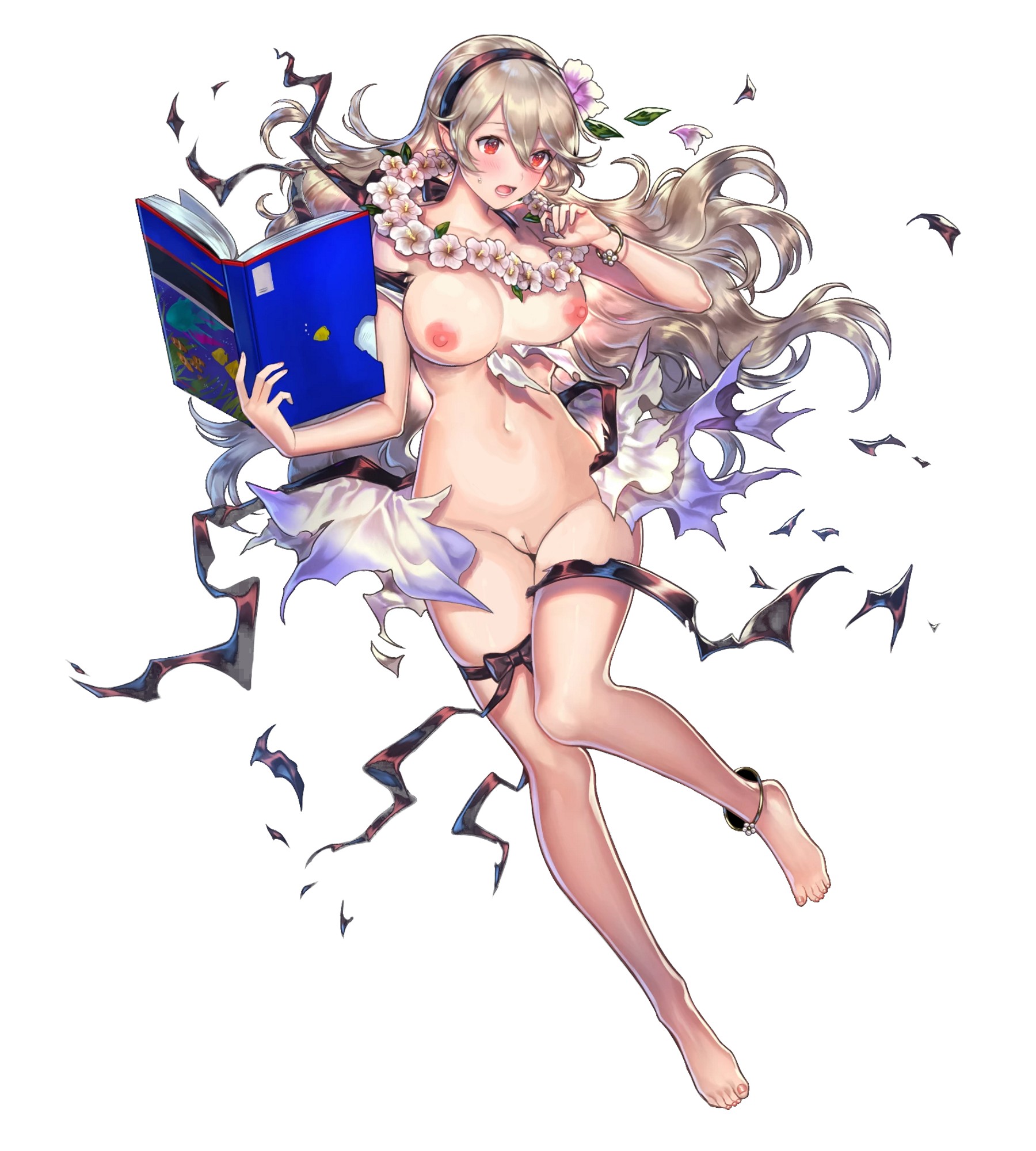 1girls, 2d, belly, blonde hair, blush, book, breasts, corrin (fire emblem), corrin (fire emblem) (female), edit, edited official artwork, female, female protagonist, fire emblem, fire emblem fates, fire emblem heroes, flower, flower in hair, hairband, nintendo, nude, nude filter, pussy, red eyes, solo, summer, surprised, torn clothes, vagina