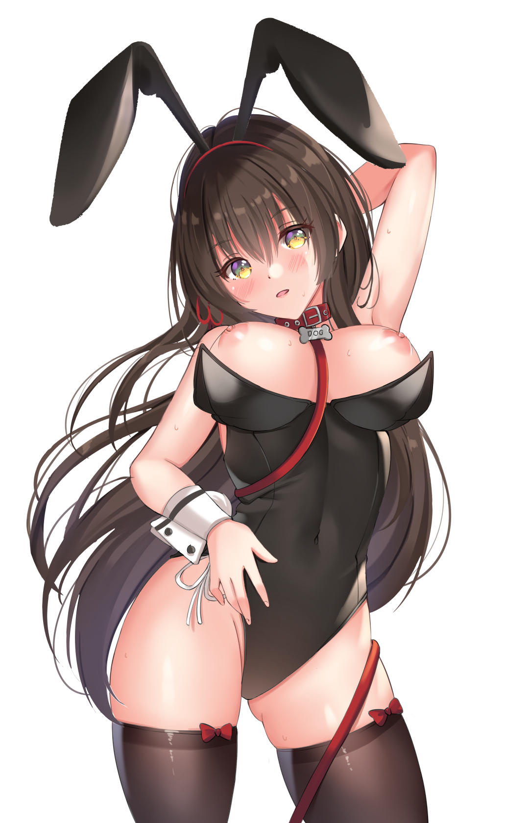 1girls, areolae, black leotard, blackheartxiii, blush, breasts, bunny ears, bunny girl, bunnysuit, collar, dog collar, exposed breasts, female, female only, kawaikereba hentai demo suki ni natte kuremasu ka?, leash, leotard, long hair, nipples, thighhighs, tokihara sayuki