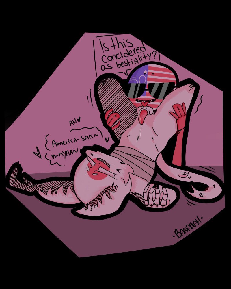 animal_genitalia bandage blue_skin cat_ears cat_tail countryhumans cringybanana cum cumstring furry hands_on_legs japan_(countryhumans) red_body red_skin sunglasses tongue_out united_states_of_america_(countryhumans) upside-down white_body white_fur white_skin yiff