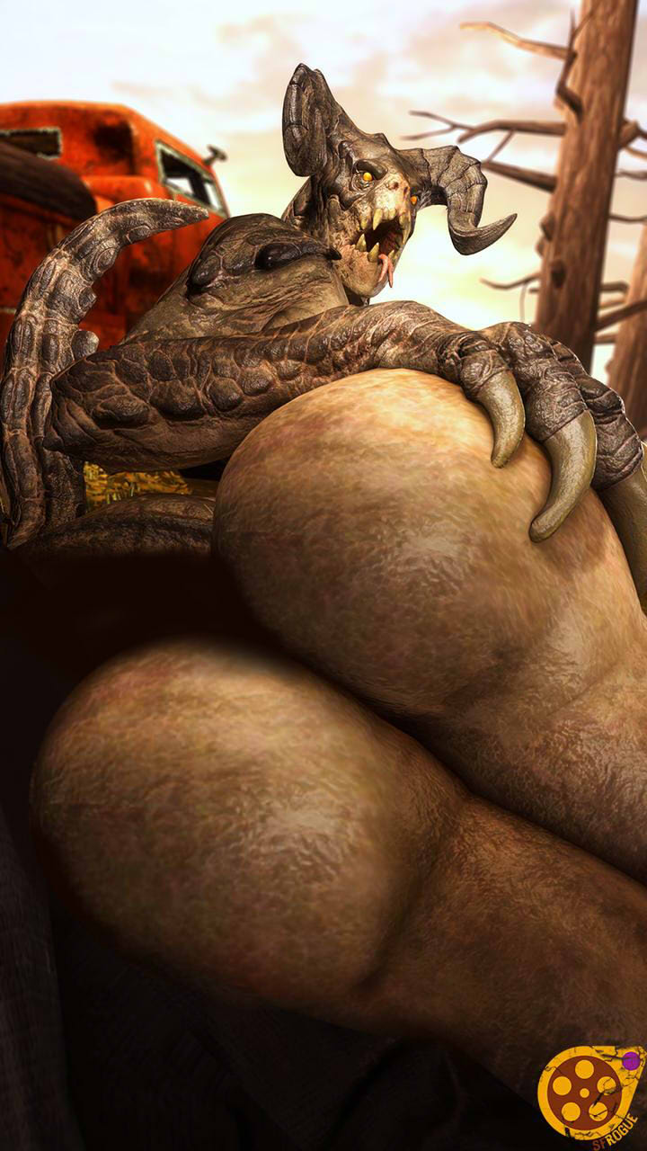 2019, 3d, ambiguous gender, anthro, anthro only, anus, ass, bethesda softworks, big ass, claws, clothing, deathclaw, digital media (artwork), duo, edit, fallout, female, female deathclaw, hi res, horn, horns, huge ass, looking at viewer, monster, nude, open mouth, pose, reptile, scalie, scalie only, sfrogue, simple background, solo, source filmmaker, teeth, text, thick thighs, toe claws, tongue, video games, watermark, wide hips