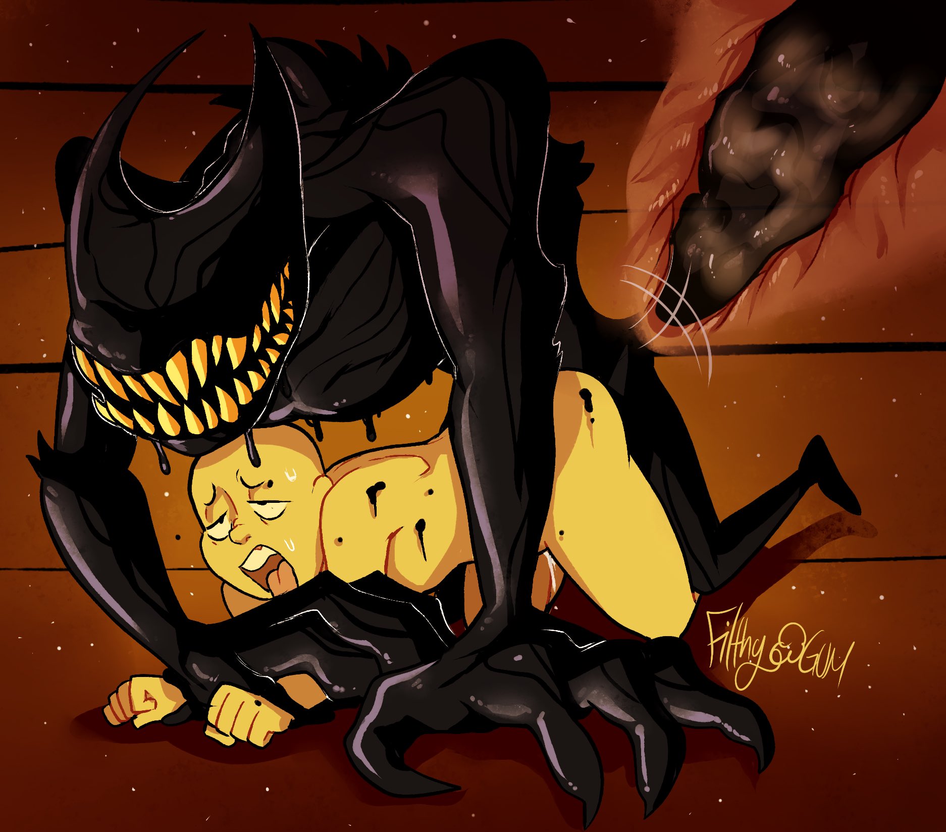 2boys, alien genitalia, ambiguous gender, ambiguous penetration, anon, bendy, bendy and the ink machine, doggy style, dubious consent, filthygum, ink, ink demon, internal, male, male only, monster, monster cock, penetration, penis, sex, x-ray