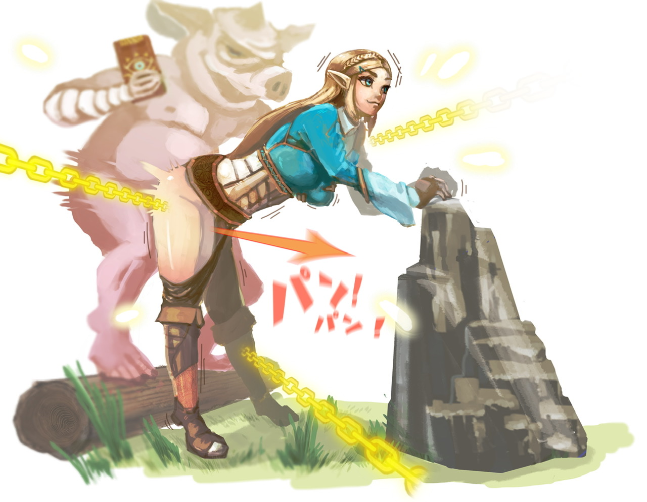 1boy, ambiguous penetration, blonde hair, bokoblin, bondage, boots, breast grab, breasts, breath of the wild, female, femsub, from behind, gameplay mechanics, green eyes, grope, groping, groping breasts, groping from behind, groping through clothes, interspecies, knee boots, larger female, log, male, maledom, monster, princess zelda, rape, rock, sheikah slate, smaller male, smile, stasis rune, the legend of zelda, time stop, zelda (breath of the wild)