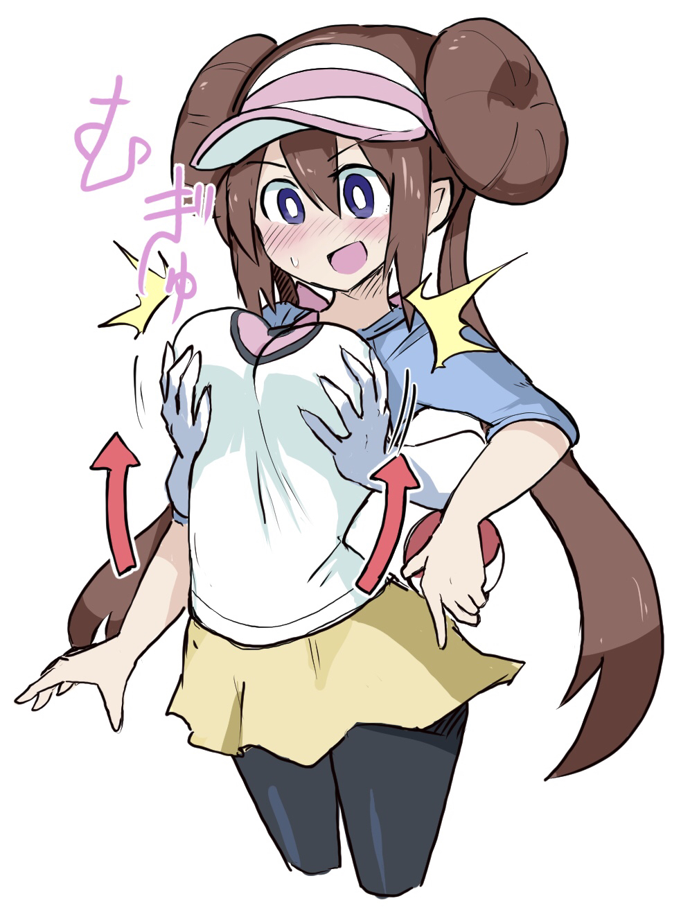 blush, blushing, breast grab, breasts, brown hair, female, grope, groping, groping breasts, groping from behind, human, human only, large breasts, pantyhose, pokemon, pokemon bw2, purple eyes, rosa (pokemon), surprise