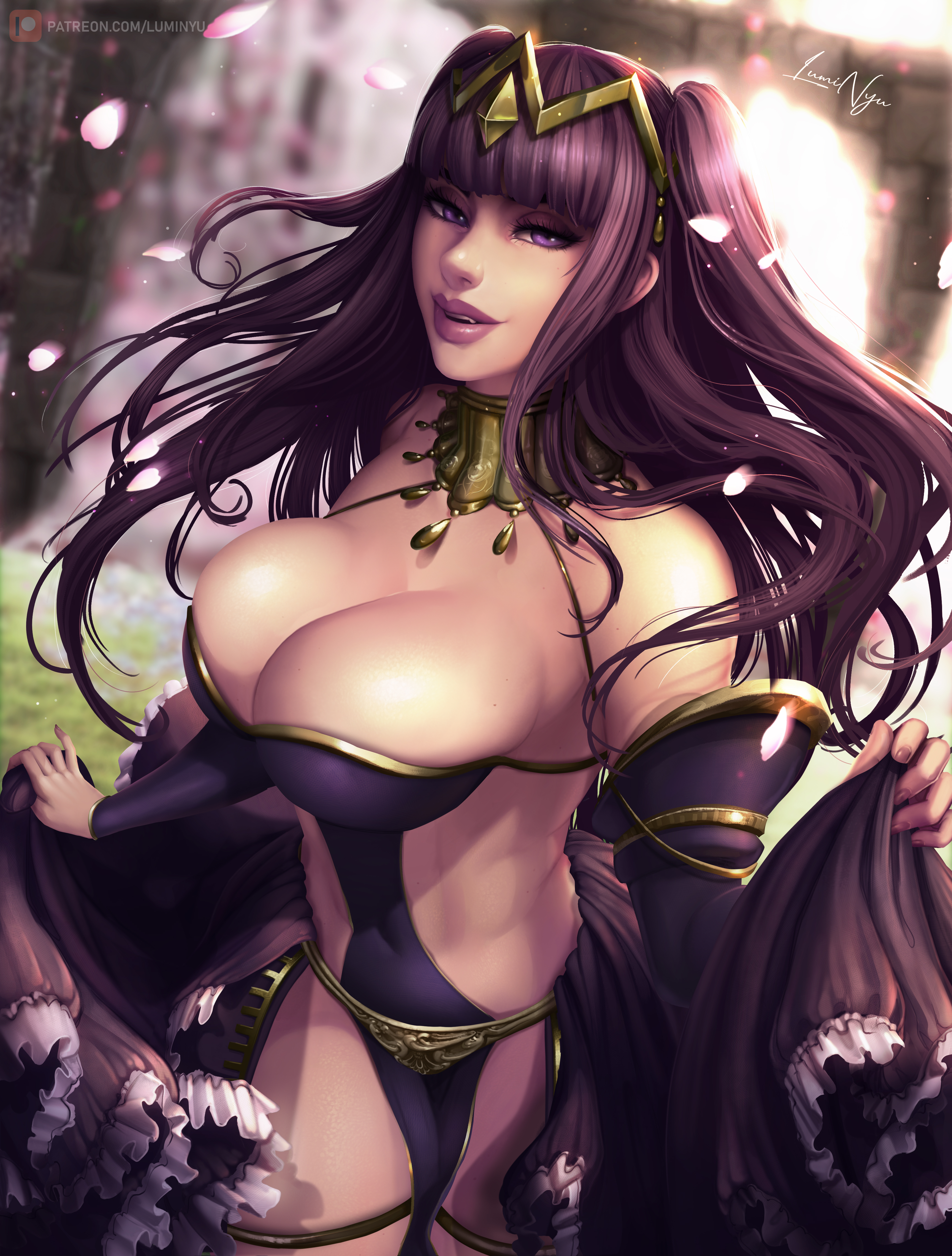 1girls, 2019, big breasts, black dress, bodysuit, breasts, bridal gauntlets, bridal gloves, bridal lingerie, bride, cleavage, curvaceous, dress, dress lift, eyeshadow, female, female focus, female only, fire emblem, fire emblem awakening, fire emblem heroes, gold, goth, hair, hair ornament, large breasts, long hair, luminyu, makeup, married, necklace, overflowing breasts, purple eyes, purple hair, sheer, sheer clothing, smile, solo, solo female, solo focus, tharja (fire emblem), very long hair, voluptuous, wedding dress