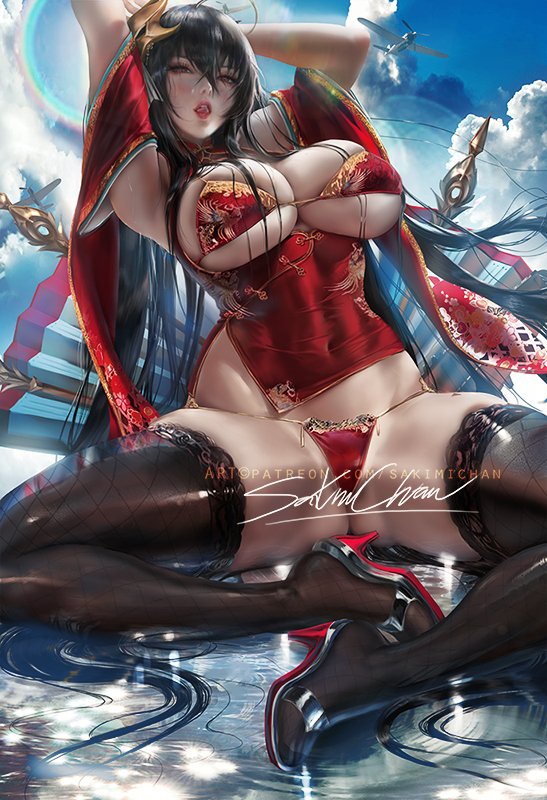 1girls, azur lane, big breasts, breasts, cleavage, female, female only, panties, sakimichan, solo, spread legs, taihou (azur lane), thighhighs