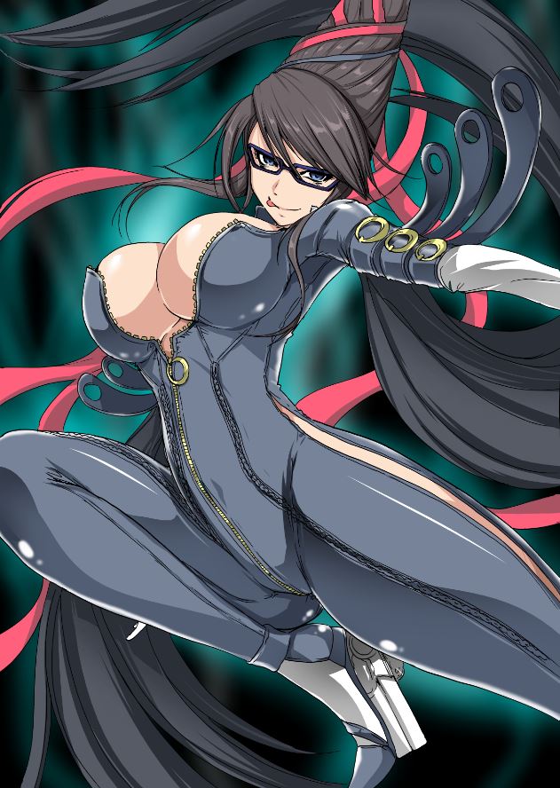 1girls, aoiakira553, bayonetta, bayonetta (character), big breasts, black hair, bodysuit, breasts, female, female only, glasses, human, long hair, mature female, solo, solo female, solo focus