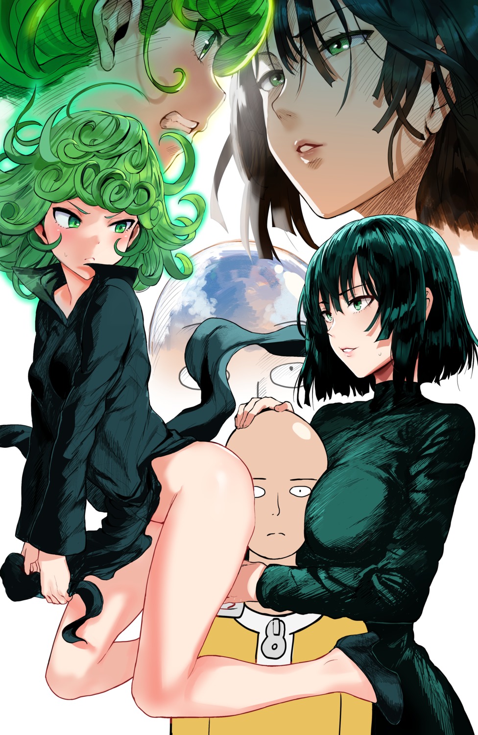 1boy 2girls angry ass_on_face bald big_breasts blush breasts_on_face butt clothed clothing embarrassed esper_sisters female fubuki_(one-punch_man) green_eyes green_hair hand_on_head hews_hack huge_breasts male multiple_girls one-punch_man relfection rivals saitama short_hair sisters small_breasts tatsumaki thick_thighs thighs