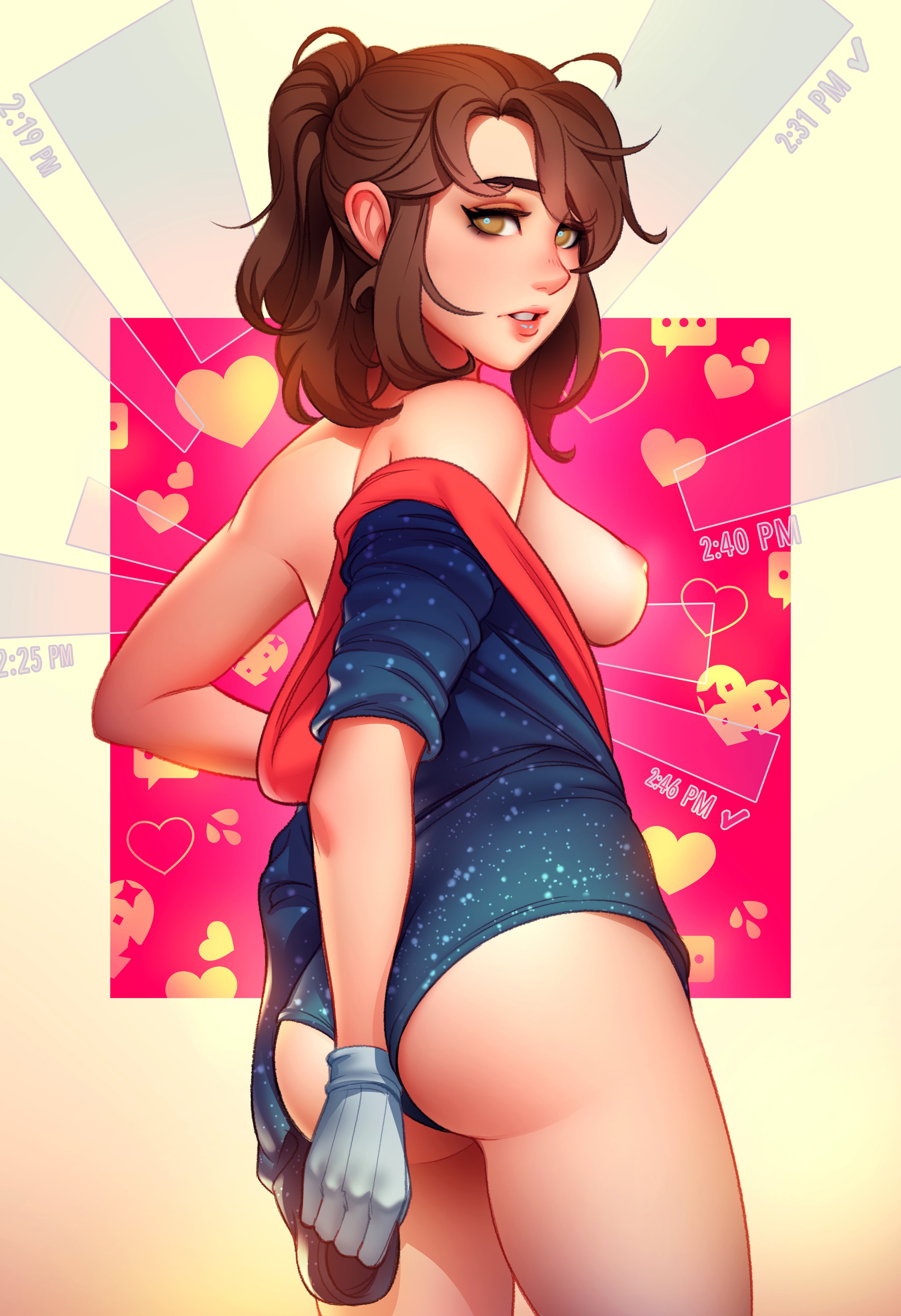 1girls, blush, breasts, brown eyes, brown hair, fair skin, fair-skinned female, female, female focus, female only, gloves, leah koenig, leotard, light skin, light-skinned female, lips, nipples, original, sketch, solo, solo female, solo focus, standing, tsuaii, undressing
