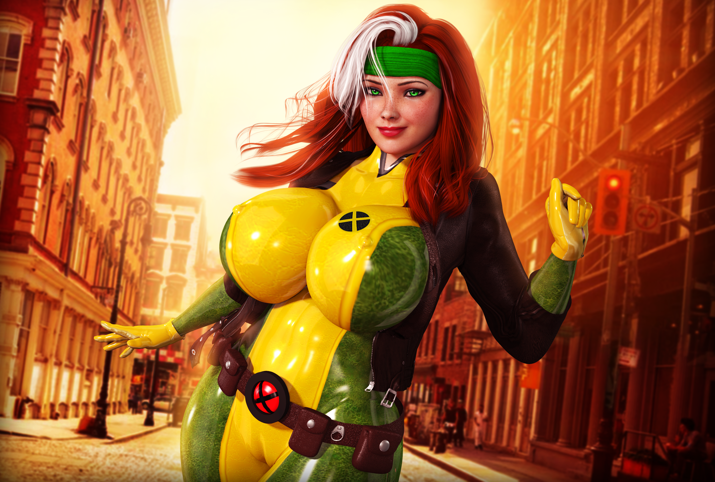 1girls, 3d, anna marie, auburn hair, belt, big breasts, bodysuit, breasts, female, female only, freckles, gloves, green eyes, huge breasts, marvel, marvel comics, multicolored hair, rasmus-the-owl, rogue (x-men), solo, solo female, thick thighs, white hair, wide hips, x-men