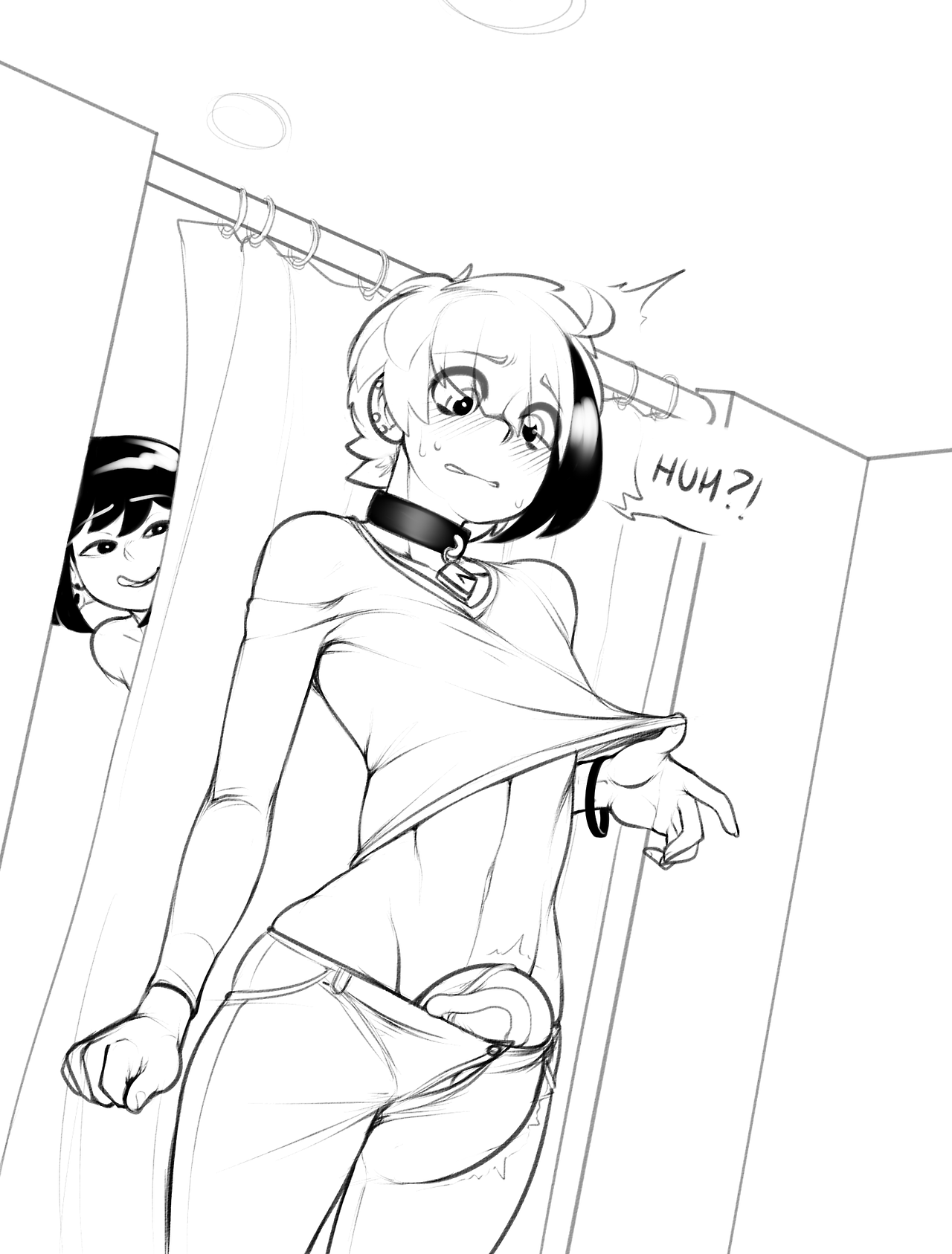 1boy, 1girls, abs, barely contained, being watched, beryl (glo-s-s), big bulge, black hair, blonde hair, blush, bulge, changing room, choker, collar, dark hair, dressing room, eigaka, embarrassed nude femboy, erection under clothes, exposed penis, eyebrows visible through hair, eyes visible through hair, female, femboy, getting erect, girly, grin, grower not a shower, half-closed eyes, huge cock, hung femboy, hung trap, jade (glo-s-s), jeans, licking lips, male, malesub, medium hair, monochrome, navel, nervous, peeping tom, penis, short hair, shy, small but hung, speech bubble, sweatdrop, text, thick penis, throbbing, tight clothes, tight clothing, toned, vein, veiny penis, voyeur, wardrobe malfunction, worried, younger male