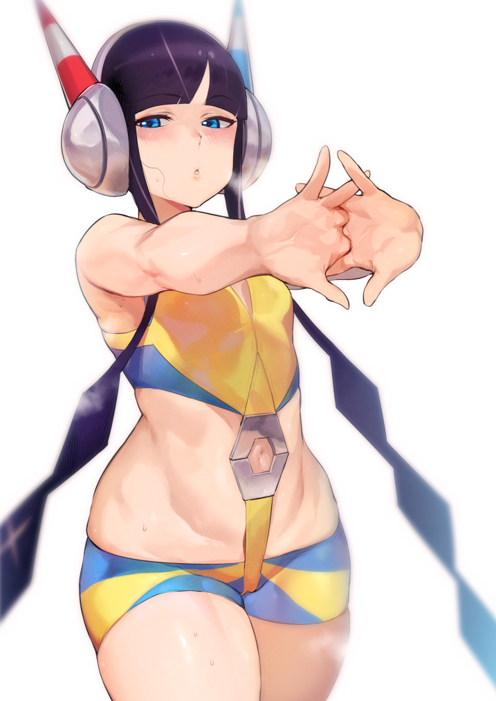 1girls, abs, alternate hair color, belly, blue eyes, blush, breasts, clothed, elesa (pokemon bw2), elesa (pokemon), eye contact, female, female only, fit, half-closed eyes, headphones, heavy breathing, human, human only, iku (ikuchan kaoru), looking at viewer, midriff, navel, nintendo, pokemon, pokemon bw2, pose, shorts, small breasts, solo, standing, stretching, tank top, thick thighs, twintails, wet, wide hips