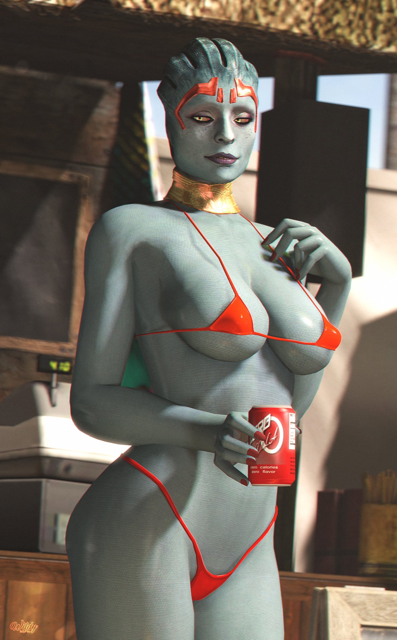1girls, 3d, asari, big breasts, bikini, blue skin, breasts, busty, collar, female, female focus, female only, hourglass figure, makeup, mass effect, micro bikini, nail polish, navel, samara, solo, tagme, wide hips, wildynsfw