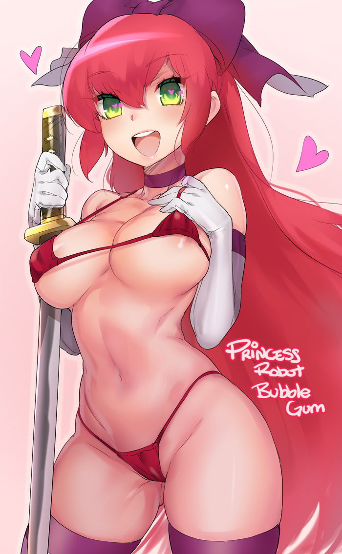 bare_shoulders belly collarbone green_eyes happy heart-shaped_pupils heart_eyes holding_weapon katana leaning leaning_to_the_side long_hair micro_bikini naso4 nylons open_mouth pink_hair princess_robot_bubblegum princess_robot_bubblegum_(character) purple_legwear red_bikini standing sword text thighhighs thighs