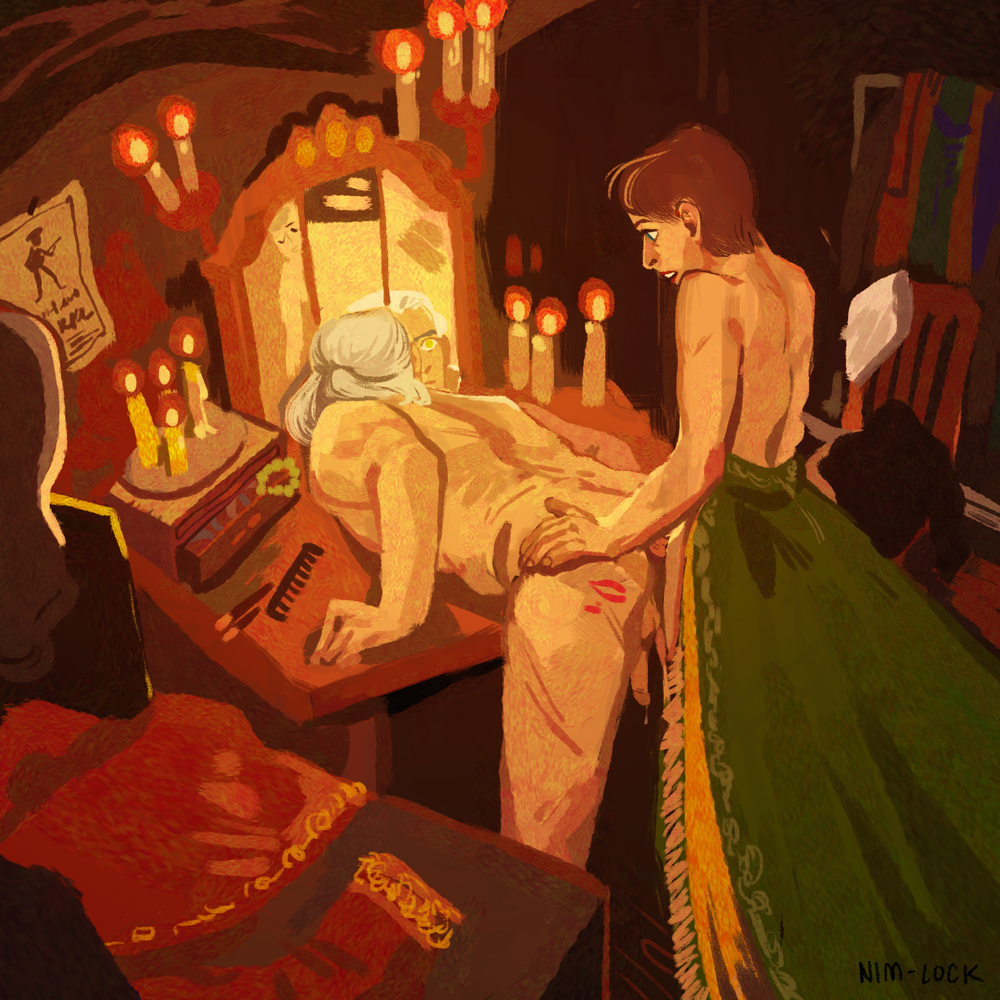 2boys anal anal_sex bent_over_table brown_hair candlelight candles cd_projekt_red chair comb completely_nude_male crossdressing cum_drip dress erection gay geralt_of_rivia green_eyes human human_only jaskier_(the_witcher) kiss_mark_on_butt lipstick looking_at_each_other makeup_brush male_only mirror nim-lock_(artist) partially_clothed_male reflection sex signature the_witcher the_witcher_(series) the_witcher_2 the_witcher_3:_wild_hunt viewed_from_behind white_hair yaoi