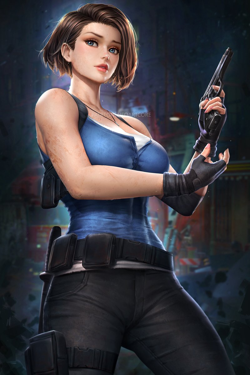 1girls, belt, big breasts, black hair, blue eyes, breasts, brown hair, capcom, cleavage, female, female only, firearm, gun, handgun, handwear, jeans, jill valentine, jill valentine (sasha zotova), large breasts, neoartcore, pose, resident evil, resident evil 3, resident evil 3 remake, short hair, solo, tagme, weapon