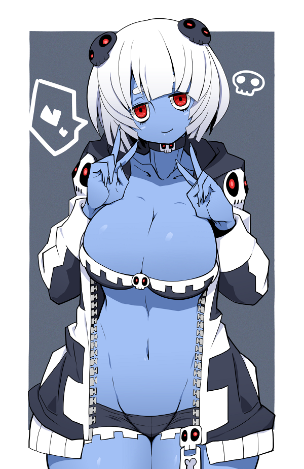 big_breasts blue_skin bra cleavage coat collar double_v eyebrows_visible_through_hair heart hearts kara_age original panties red_eyes short_hair skull smile thick_thighs wide_hips zipper