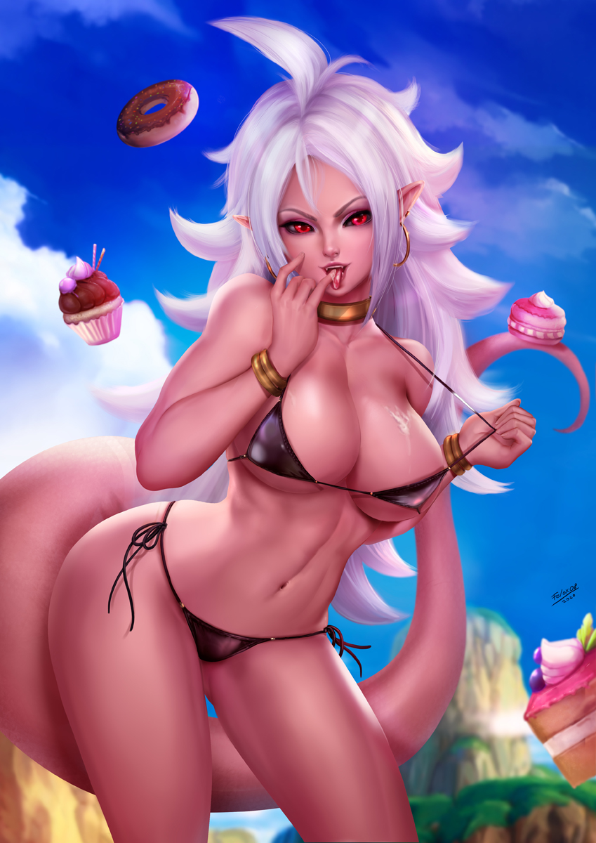 1girls, 2010s, 2020, 5 fingers, android 21, artist name, big breasts, bikini, bikini bottom, bikini top, black bikini, black sclera, blue sky, bracelet, bracelets, breasts, busty, cake, choker, cleavage, clothed, clothed female, clothes, clothing, cloud, clouds, color, colored, cupcake, curvaceous, curvy, curvy figure, dark persona, dated, day, detailed background, donut, dragon ball, dragon ball fighterz, earrings, eyelashes, eyeshadow, fangs, felox08, female, female focus, female only, hoop earrings, hourglass figure, humanoid, jewelry, large breasts, leaning forward, long hair, looking at viewer, majin, majin android 21, monster girl, mouth open, navel, open eyes, open mouth, outdoors, outside, pink skin, pointy ears, red eyes, revealing clothes, side-tie bikini, signature, skimpy, skimpy clothes, sky, solo, solo female, solo focus, standing, swimsuit, tail, thin waist, tongue, tongue out, uncensored, very long hair, video games, voluptuous, white hair, wide hips
