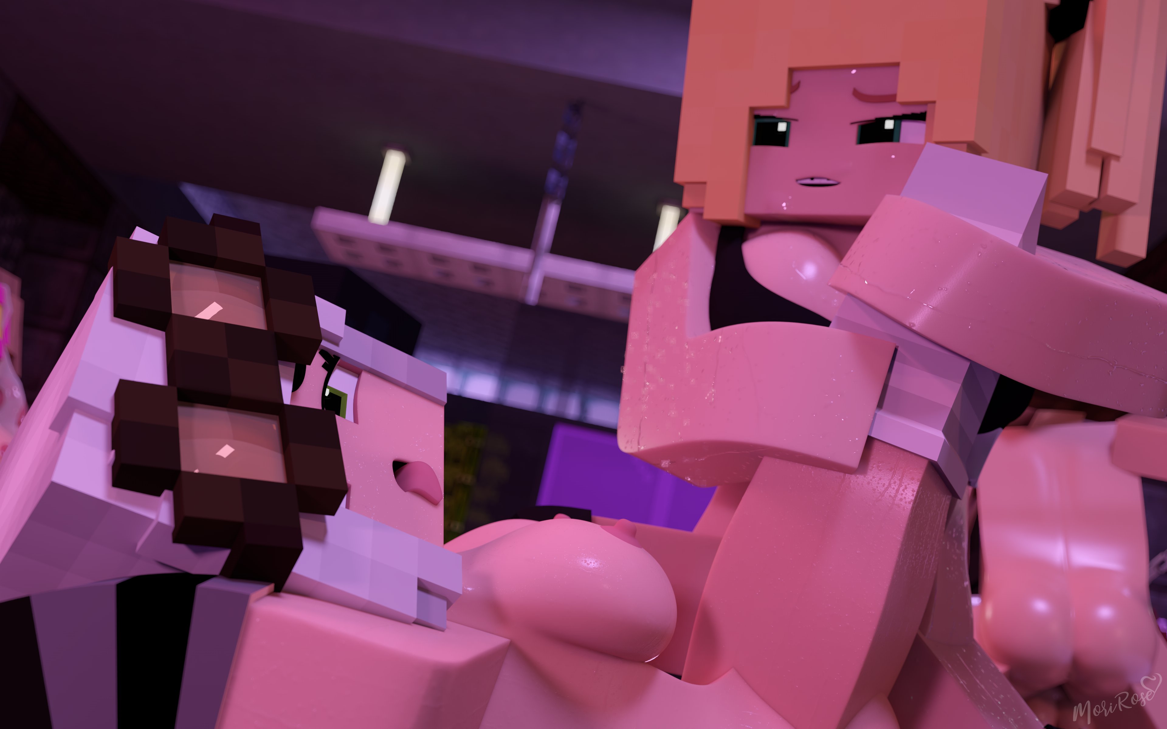 1boy, 1futa, 3d, 3girls, adult, after party, ahe gao, bed, bedroom, blonde hair, bra, breasts, commission, female, futanari, glasses, grace (ender2435), green eyes, hannah rose (morirosemc), holding leg, intersex, looking at partner, looking down, love hotel, male, mine-imator, minecraft, morirosemc, nude, nude female, open mouth, orgy, stockings, tagme, tongue, tongue out, tribadism, white hair, yuri