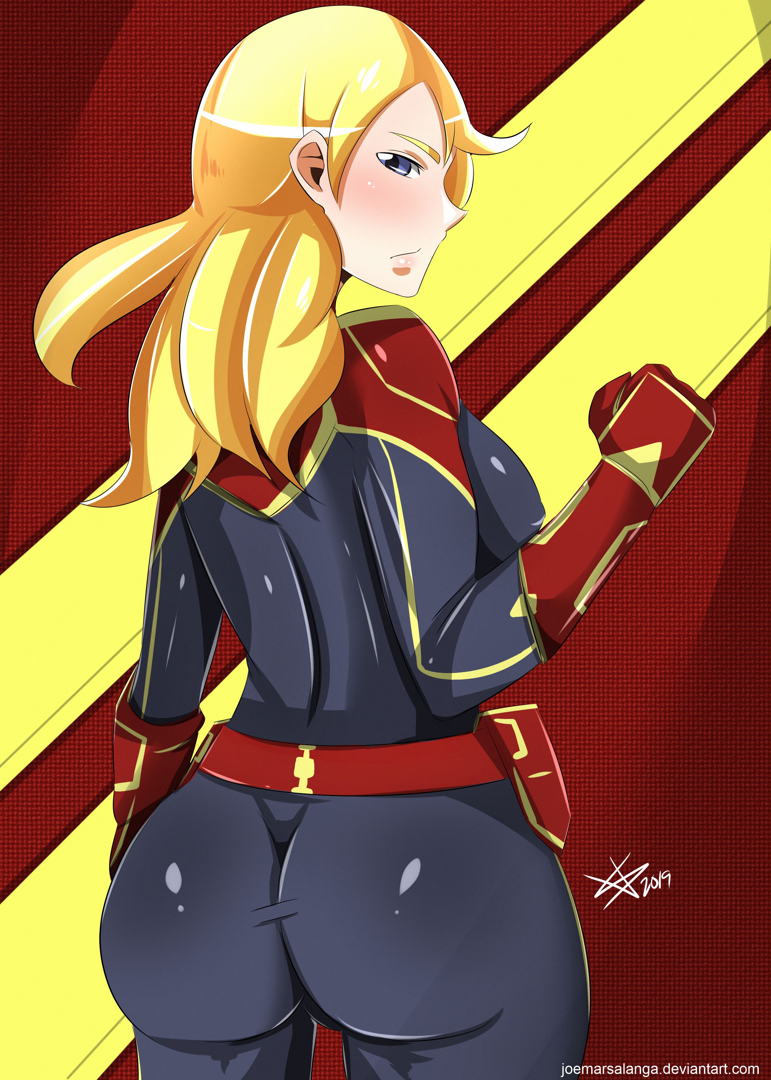 ass, athletic, athletic female, bad anatomy, blonde hair, breasts, captain marvel, carol danvers, female, huge ass, large breasts, long hair, looking at viewer, looking back, marvel, marvel comics, sideboob, superheroine
