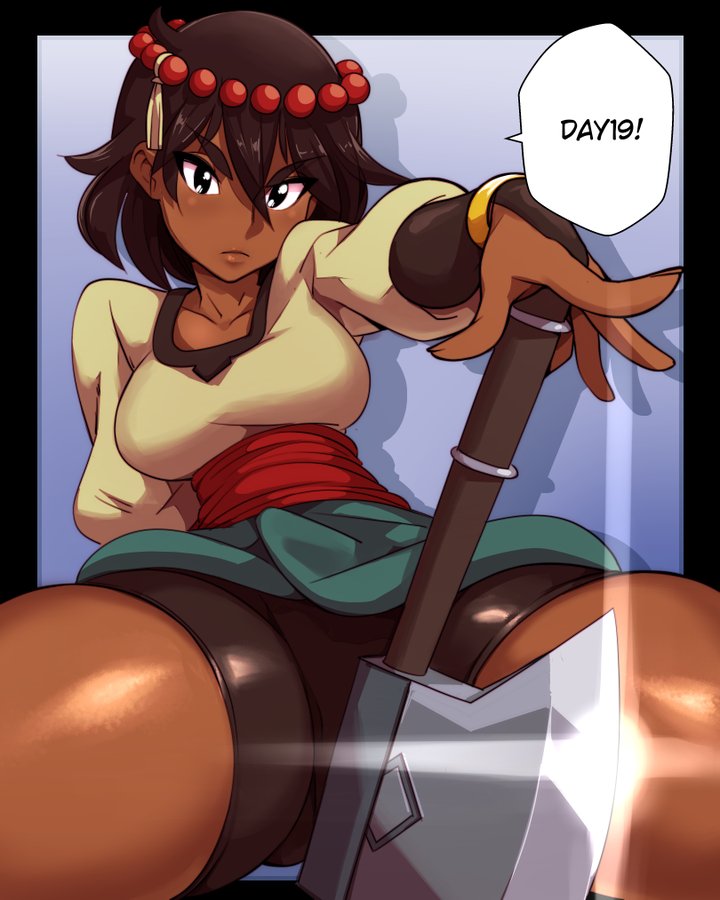 1girls ajna_(indivisible) bike_shorts brown_hair dark-skinned_female dark_skin female female_only female_protagonist from_below indivisible lab_zero_games nisego short_hair solo thick_thighs