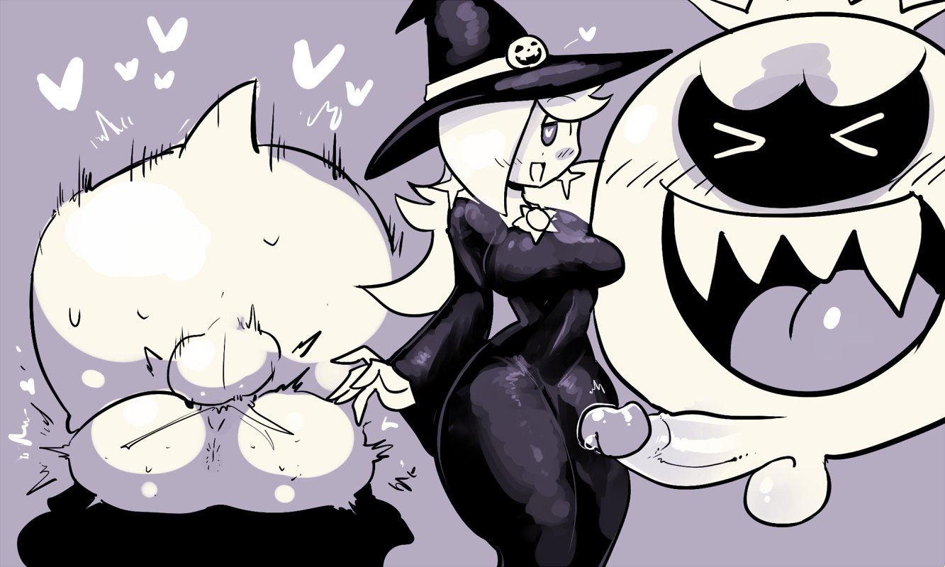 ass, blush, boo (mario), crap-man, earrings, female, ghost, halloween, heart-shaped pupils, king boo, long hair, male, mario (series), mario kart, mario kart tour, mating press, monochrome, monster, nintendo, penis, princess rosalina, princess rosalina (halloween), pussy, vaginal penetration, witch, witch hat