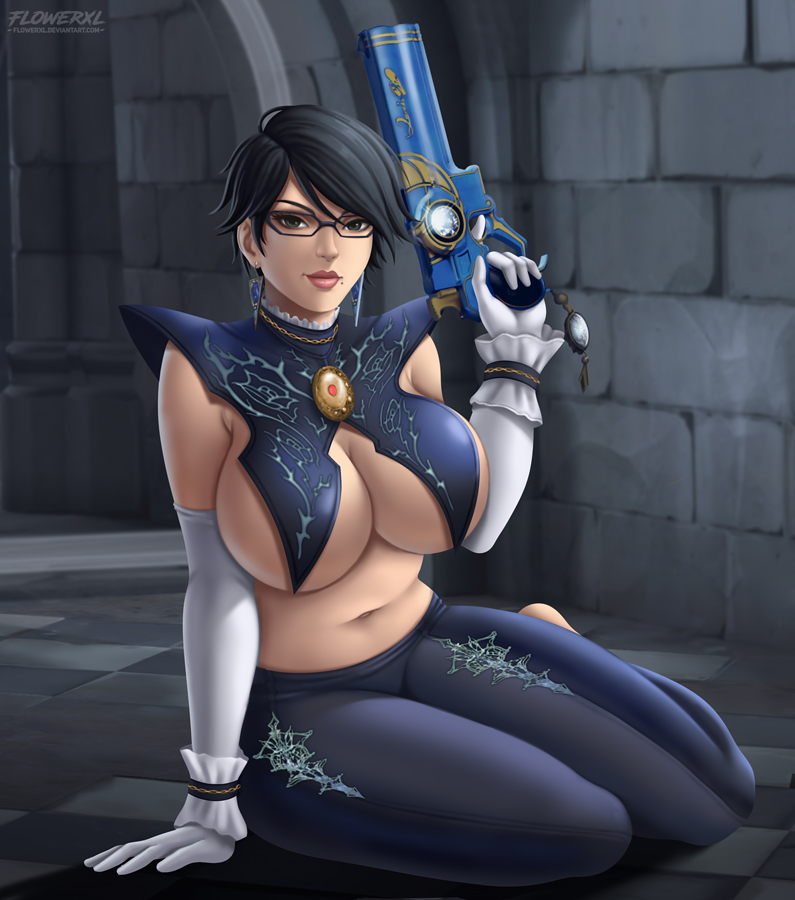 1girls, alternate version available, bayonetta, bayonetta (character), bayonetta 2, breasts, cleavage, female, female only, firearm, flowerxl, handgun, huge breasts, looking at viewer, solo, weapon