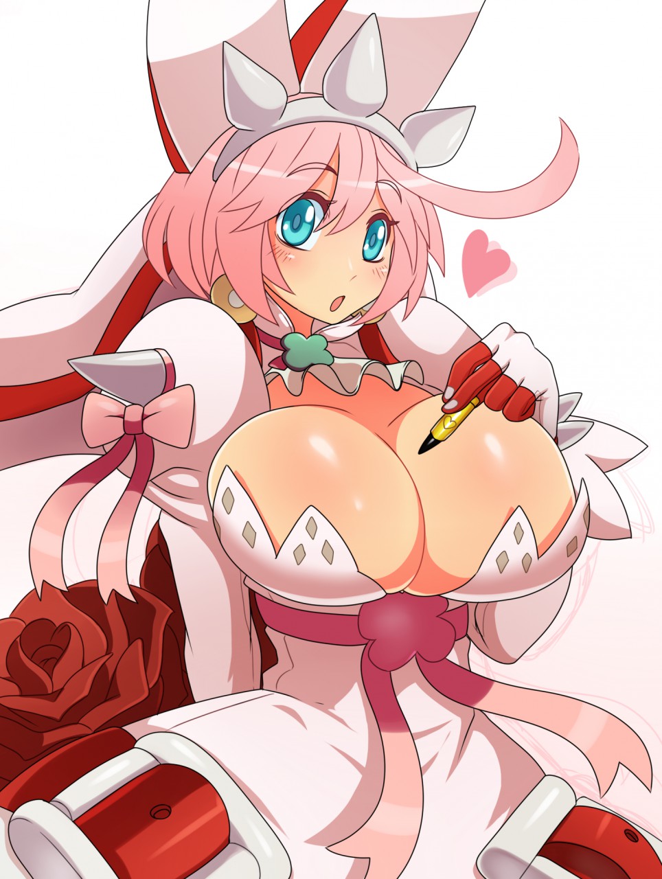 1girls, aqua eyes, blush, breasts, elphelt valentine, female, guilty gear, guilty gear xrd, heart, looking at viewer, solo, sssonic2