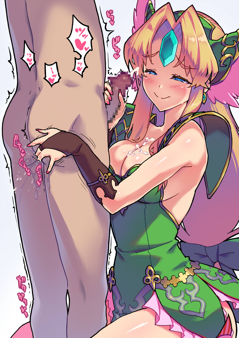 144_(riesztan) 1boy 1girls anal_fingering big_breasts blonde_hair cute dress ejaculation handjob happy_sex male_penetrating penis prostate prostate_milking prostate_stimulation ribbon riesz seiken_densetsu_3 smile thick_thighs