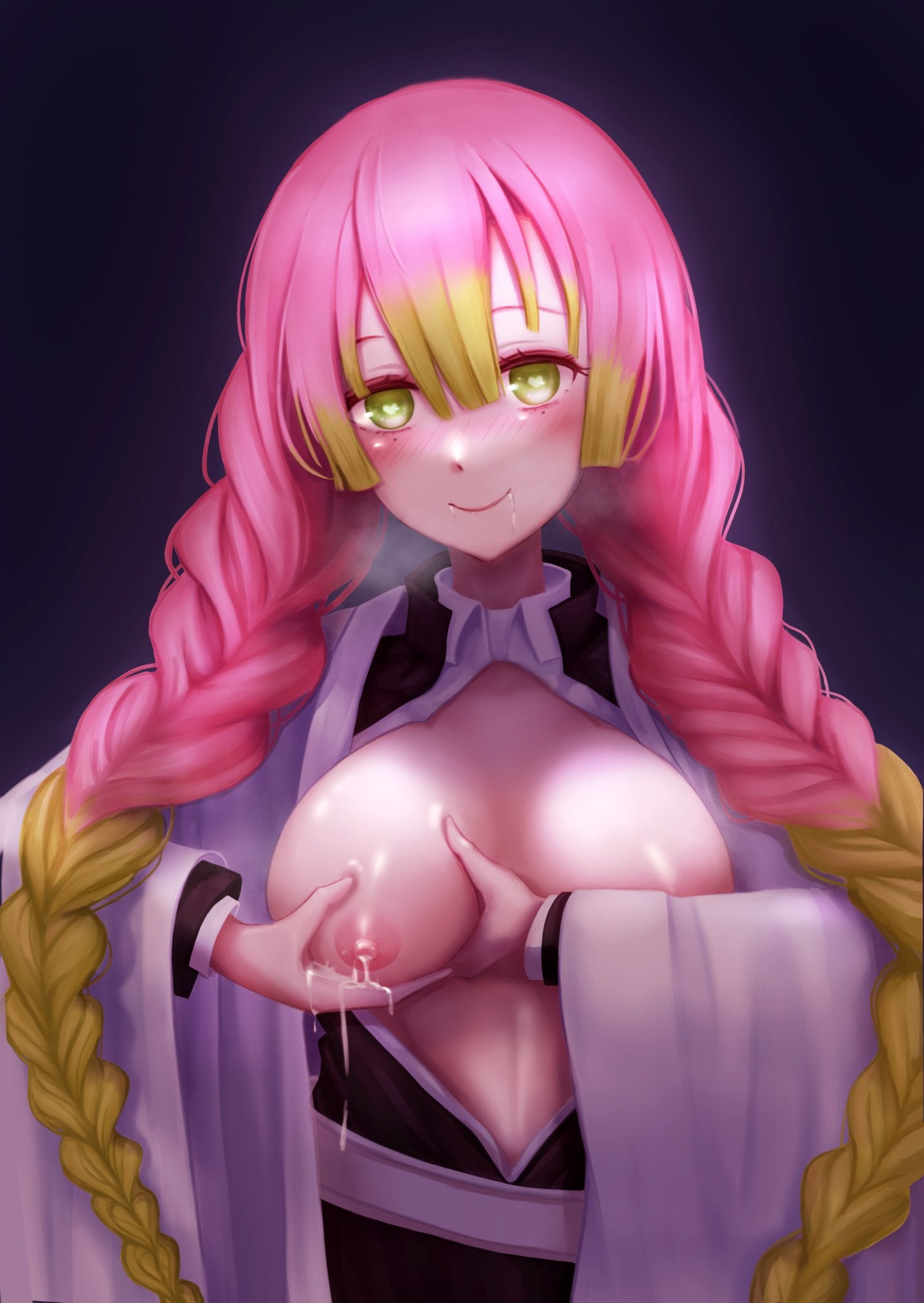 1girls, bangs, braided hair, breasts out, demon slayer, female, female only, green eyes, haori, heart-shaped pupils, kanroji mitsuri, kimetsu no yaiba, lactation, long hair, looking at viewer, no bra, open clothes, open shirt, pink hair, pink-haired female, solo, two-tone hair, very long hair