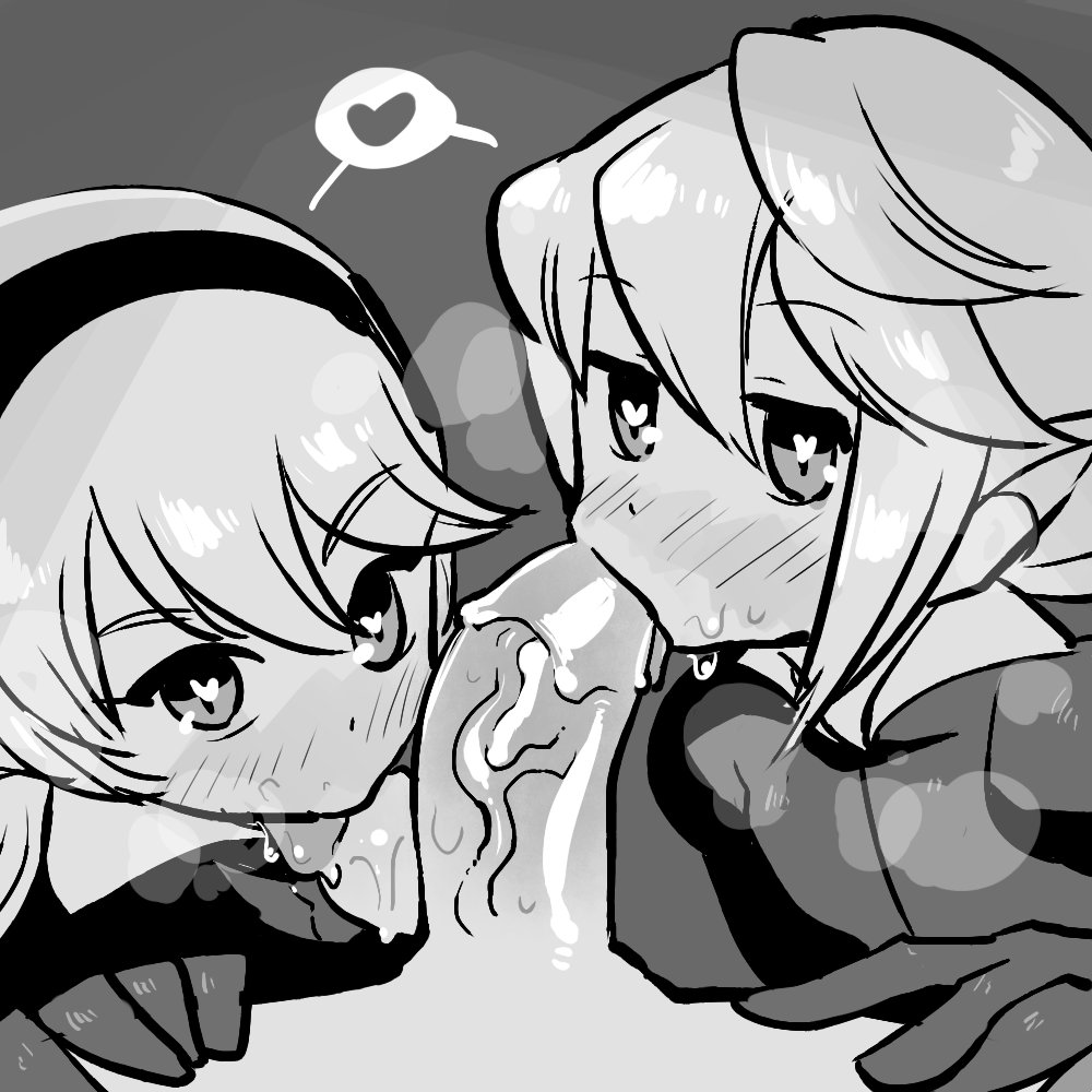 1girls, 2boys, balls, bisexual, bisexual fellatio, bisexual male, blush, both sexes in same situation, collaborative fellatio, corrin (fire emblem), corrin (fire emblem) (female), corrin (fire emblem) (male), crap-man, eye contact, fellatio, female, fire emblem, fire emblem fates, heart-shaped pupils, licking balls, male, male pov, manakete, monochrome, nintendo, oral, penis, pov, sweat, veiny penis, yaoi