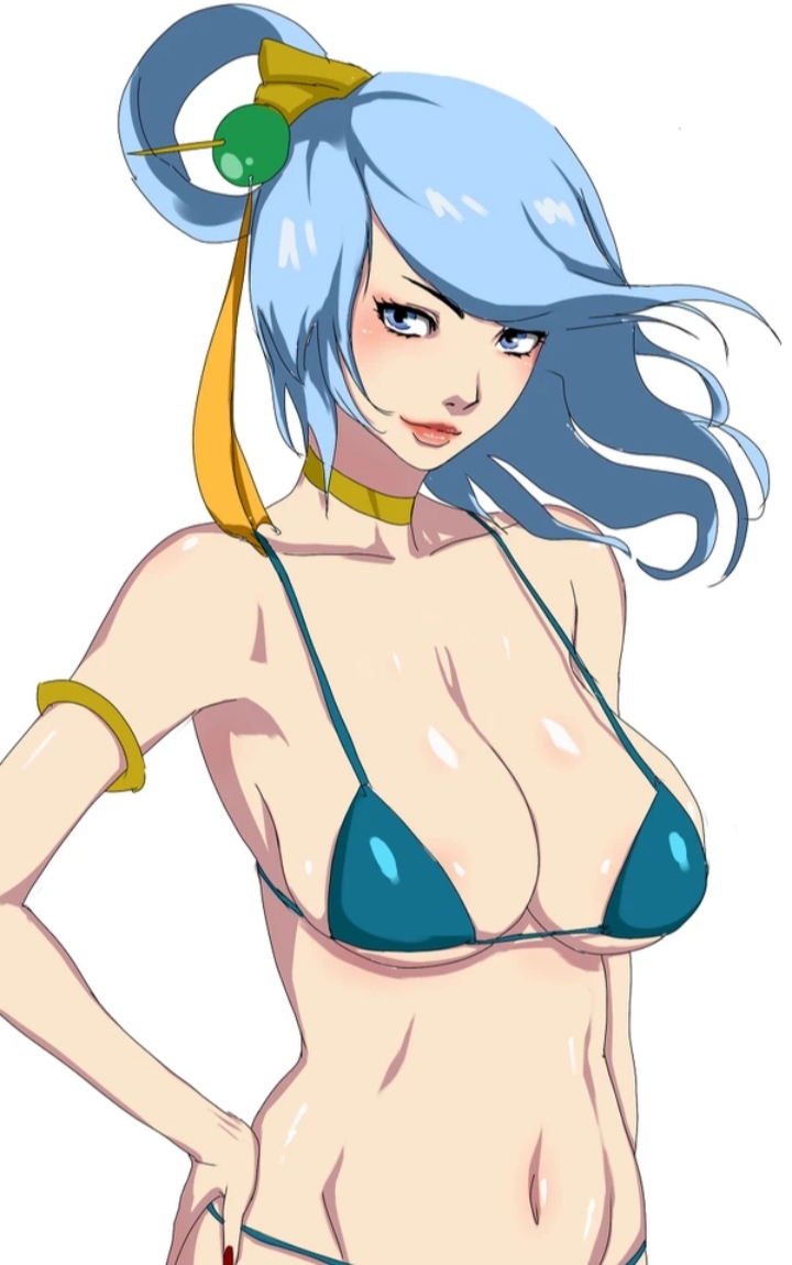 bikini blue_hair breasts ero_daisuki female league_of_legends lunar_empress_lux luxanna_crownguard solo