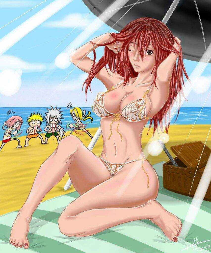 2boys, 3girls, angry face, beach, beach towel, bikini, excited, female, female focus, jealous, jiraiya, long hair, looking at viewer, male, multiple boys, multiple females, multiple girls, multiple males, naruto, naruto (classic), naruto (series), nosebleed, posing, sakura haruno, solo focus, tayuya, tsunade, umbrella, uzumaki naruto, watching