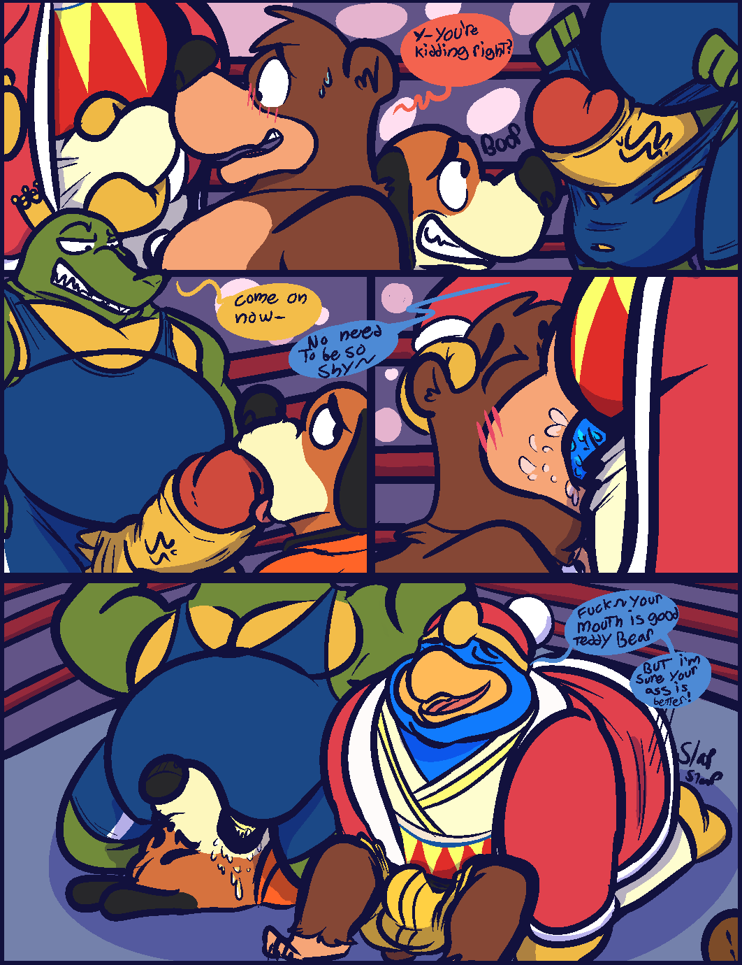 2019 4boys avian balls banjo-kazooie banjo_(banjo-kazooie) belly big_belly bird black_nose blowjob blue_body blue_fur blush bodily_fluids brown_body brown_fur bulge canid canine canis closed_eyes clothed clothing comic crown dialogue domestic_dog donkey_kong_(series) duck_hunt duck_hunt_dog erection erection_under_clothing fellatio fighting_ring forced forced_oral fur gay gay_blowjob gay_sex genitals green_body green_skin hat head_grab headgear headwear hi_res inkedwaffle_(artist) jewelry k_rool king_dedede kirby_(series) kremling looking_pleasured male male/male male_only mammal necklace nintendo on_top on_top_of open_mouth oral orange_body orange_fur overweight penguin penile penis rareware saliva scalie sex slightly_chubby smile sweat thick_penis tongue tongue_out topless topwear torn_clothing undressing ursid vein veiny_penis video_games