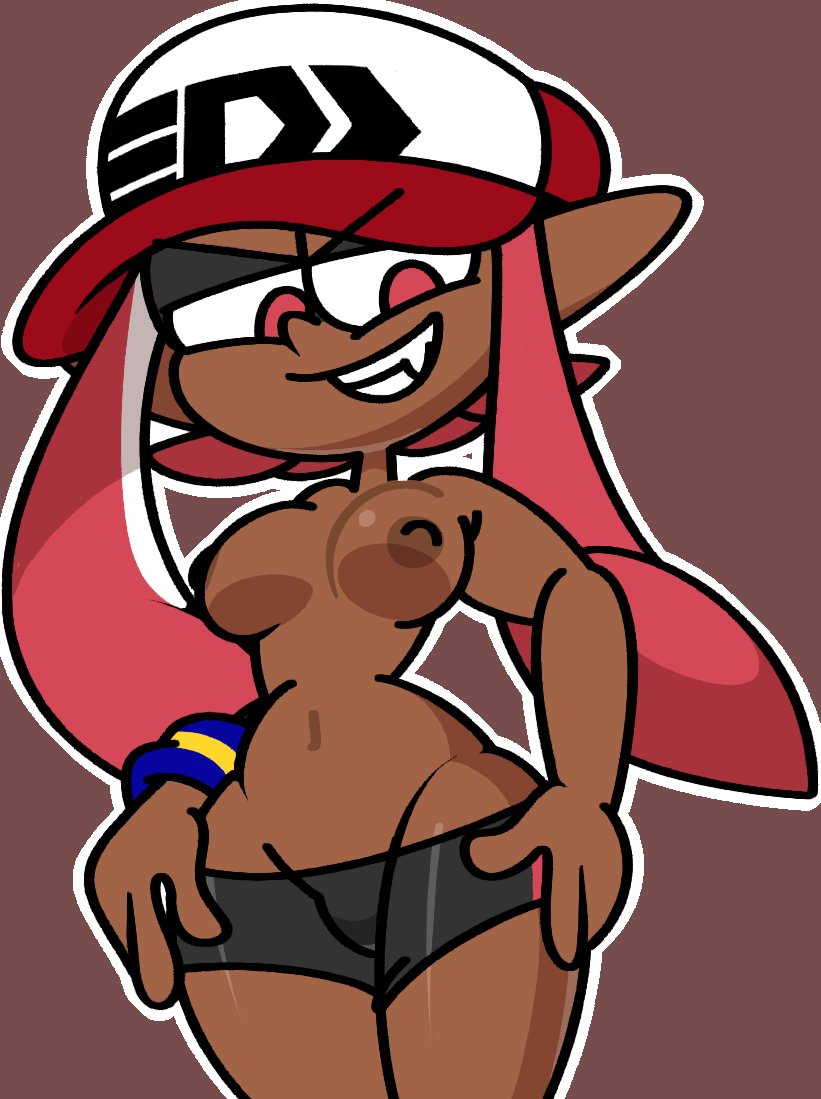 1girls anthro areolae armband bike_shorts breasts cephalopod cephalopod_humanoid dark-skinned_female dark_skin female female_focus female_only hair hat humanoid inkling inkling_girl laura_(splatoon) looking_at_viewer mask_(marking) nintendo nipples pants pointy_ears red_eyes sharp_teeth shorts simple_background smile smug solo solo_focus splatoon squid tentacle tentacle_hair vilepluff