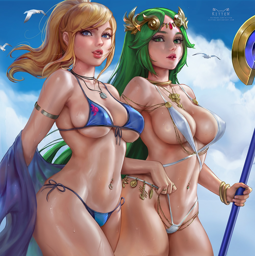 2girls bangs belly_button bikini blonde_hair blue_eyes bracelet breast_size_difference breasts cleavage female female_only green_eyes green_hair holding_object human human_only kid_icarus kittew large_breasts long_hair looking_at_viewer metroid navel navel_piercing necklace nintendo palutena piercing pokies ponytail samus_aran sideboob string_bikini super_smash_bros. sweat swimsuit thick_thighs thighs tongue_out underboob white_bikini