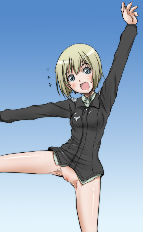 blue_eyes blush bottomless clothing erica_hartmann green_hair hirokawa_hiroshi hirokawa_kouichirou no_panties pussy short_hair small_breasts smile strike_witches uniform wave waving