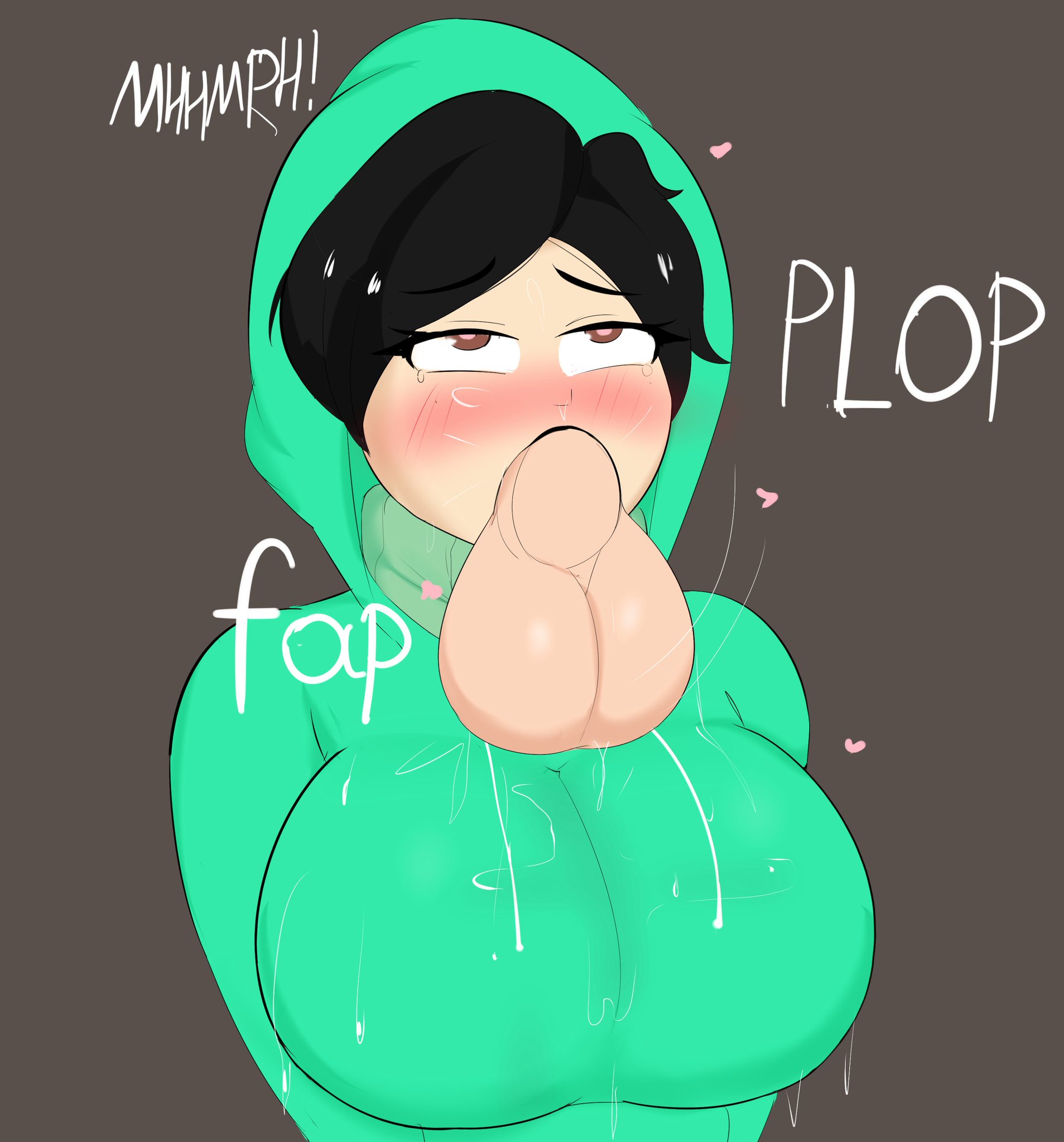 1boy, 1girls, all the way to the base, backsack, balls, balls deep, ballsack, black hair, blush, blushing profusely, breasts, brown eyes, chloe (jadus), cock, deepthroat, disembodied penis, drooling, eyes rolling back, faceless male, female, female focus, g3mma, heart-shaped pupils, hearts, hoodie, light skin, light-skinned female, light-skinned male, looking at penis, looking up, male, oc, offscreen male, original, original character, pale skin, pale-skinned female, pale-skinned male, penis, rolling eyes, simple background, solo female, sound effects, straight, unusual anatomy, unusual eyes, unusual pupils