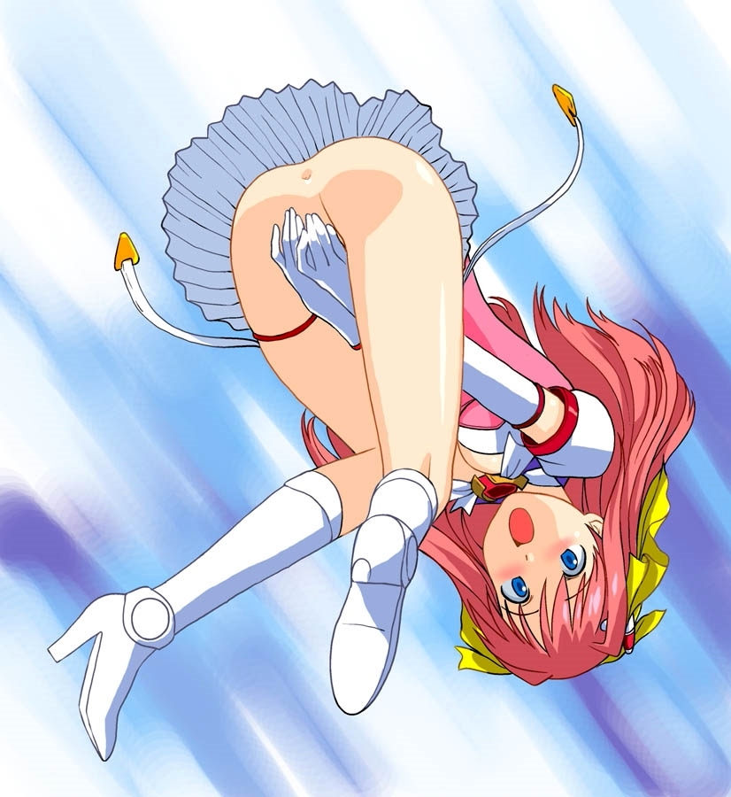 1girls accidental_exposure anus ass bent_over blue_eyes boots bottomless_skirt breasts choukou_(alicesoft) choukou_tenshi_escalayer cleavage covering covering_crotch curvy escalayer exposed exposed_anus exposed_ass exposed_pussy falling female female_only large_ass magical_girl medium_breasts no_panties pink_hair skirt skirt_lift upskirt