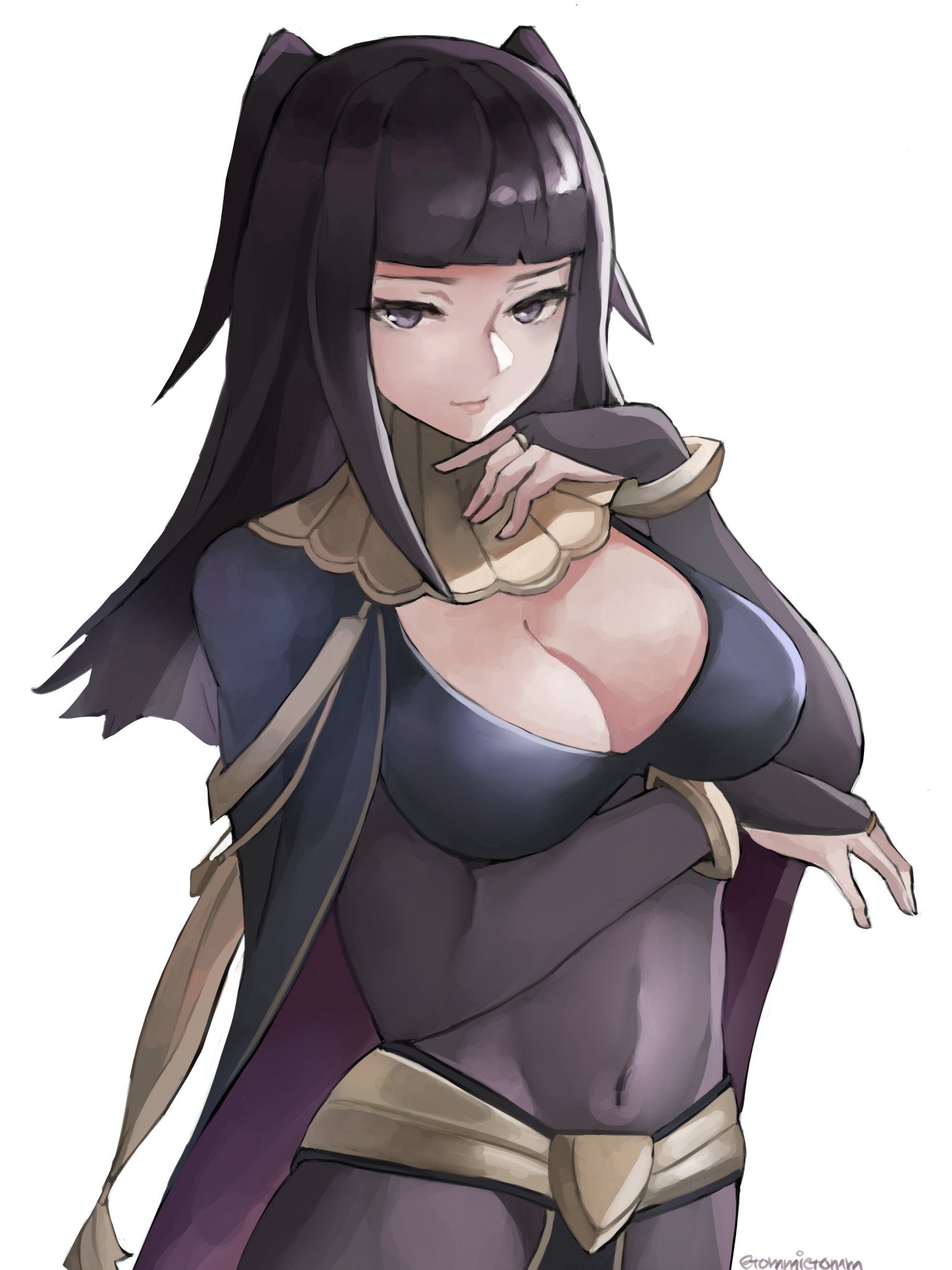 blunt bangs, bodystocking, breasts, bridal gauntlets, cleavage, female, female only, fire emblem, fire emblem awakening, fully clothed, hands on breasts, see-through, tharja (fire emblem), tommy (kingdukeee)