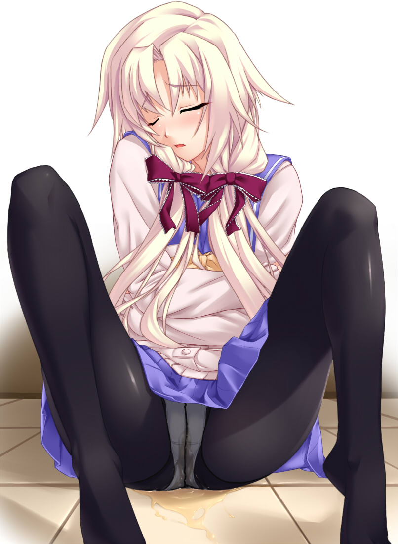 bow buresu closed_eyes hairbow kagamigawa_chloe long_hair memories_off memories_off_6 panties panties_under_pantyhose pantyhose pantyshot peeing ribbon school_uniform sitting tied_hair twintails underwear white_hair