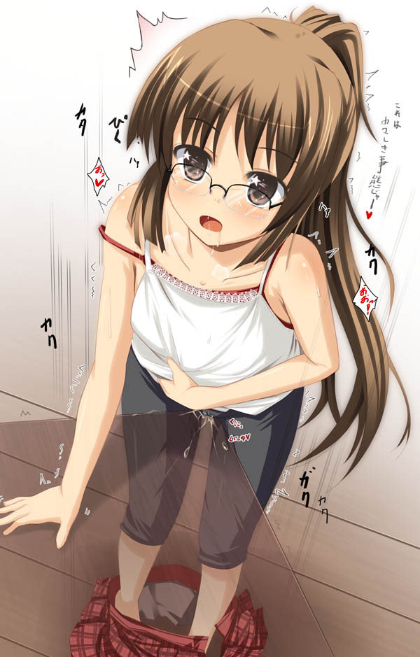 blush brown_eyes brown_hair cameltoe crotch_rub glasses jpeg_artifacts kazumasa long_hair masturbation original panties ponytail pussy_juice saliva skirt sweat table table_humping tank_top tied_hair underwear wet_panties