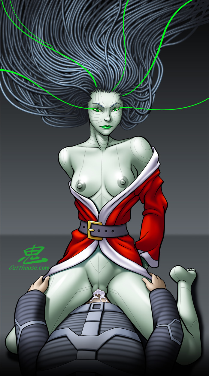 athletic_female christmas cum cum_in_pussy cum_inside green_eyes green_skin human human_penetrating oni_(artist) robot_girl shodan system_shock tagme